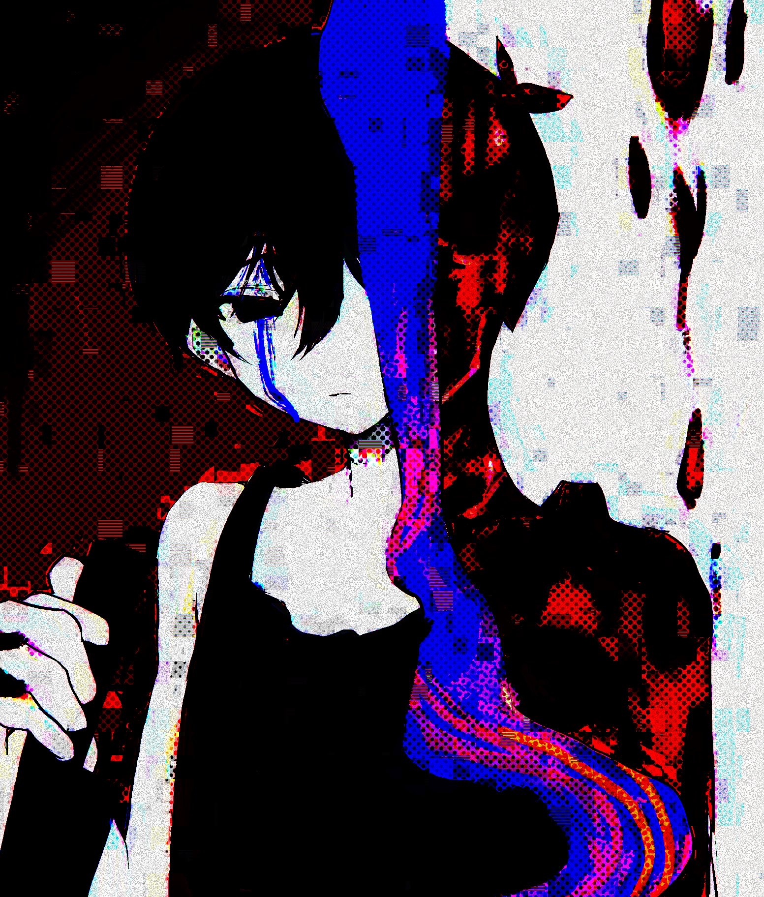 omori (omori), omori, highres, 1boy, antenna hair, black eyes, black hair, black tank top, closed mouth, colored skin, double-parted bangs, hair between eyes, holding, holding knife, knife, looking at viewer, male focus, natunoiro, short hair, solo, tank top, upper body, white skin