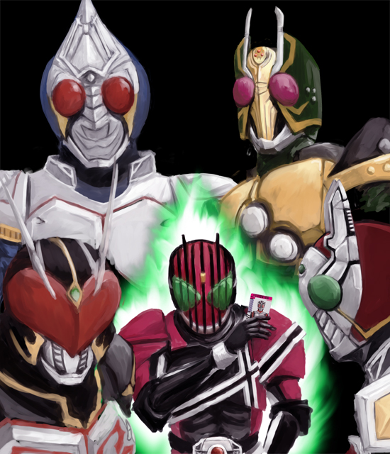 aocha, kamen rider blade, kamen rider chalice, kamen rider decade, kamen rider garren, kamen rider leangle, kamen rider, kamen rider blade (series), kamen rider dcd, 5boys, antennae, belt, card, holding, holding card, multiple boys