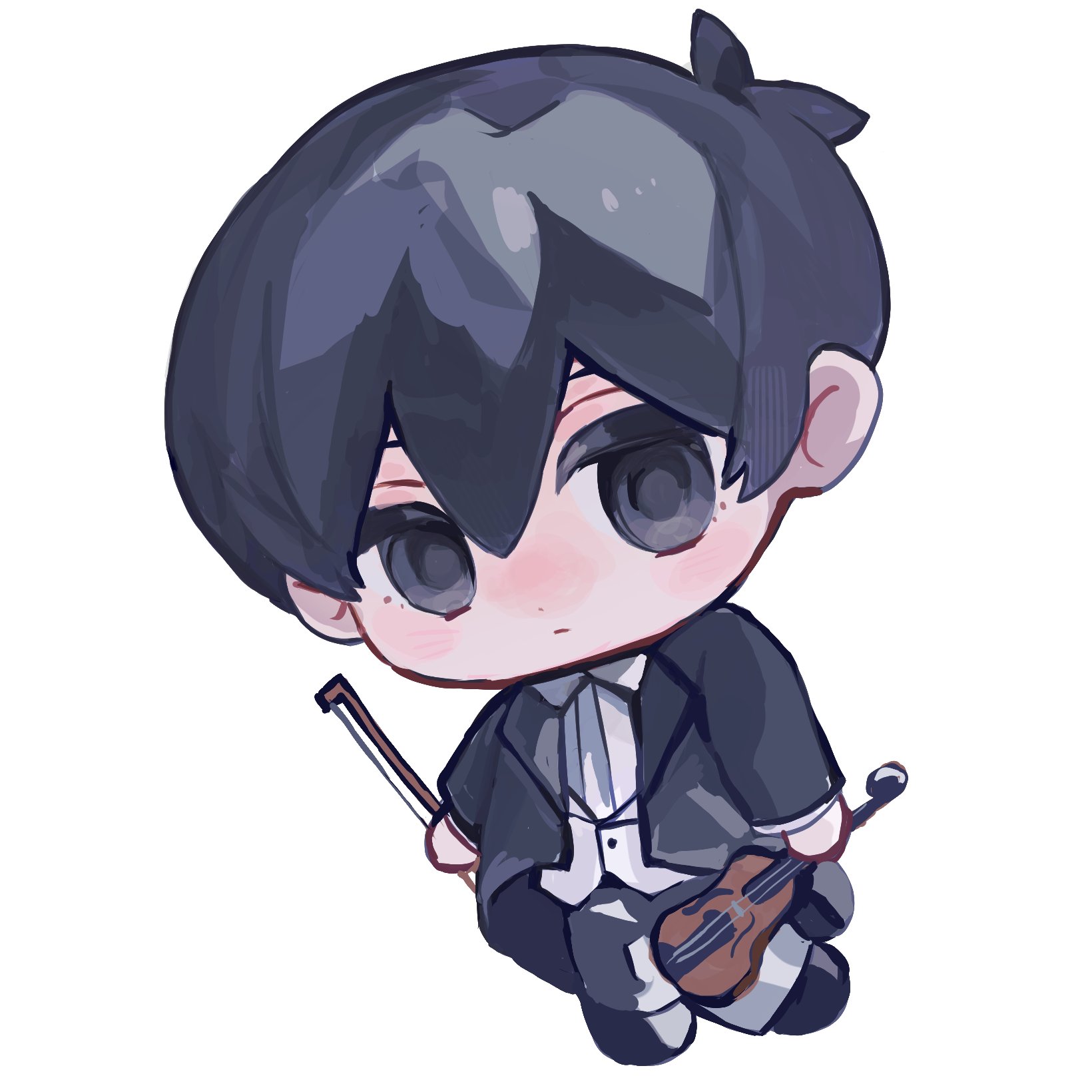 sunny (omori), omori, highres, 1boy, antenna hair, black eyes, black hair, black pants, black shoes, black suit, bow (music), chibi, chibi only, closed mouth, collared shirt, double-parted bangs, formal clothes, hair between eyes, holding, holding bow (music), holding instrument, holding violin, instrument, long sleeves, looking at viewer, male focus, natunoiro, pants, shirt, shoes, short hair, simple background, solo, suit, violin, white background, white shirt