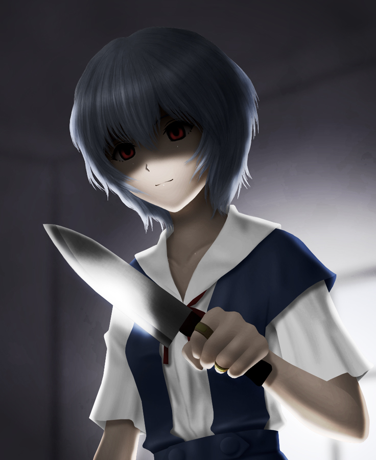 siraha, ayanami rei, evangelion: 2.0 you can (not) advance, neon genesis evangelion, rebuild of evangelion, bad id, bad pixiv id, spoilers, 00s, 1girl, bandaid, bandaid on hand, blue hair, blurry, crossover, depth of field, female focus, holding, holding knife, jewelry, knife, pale skin, red eyes, ring, school uniform, shade, solo, upper body, yandere