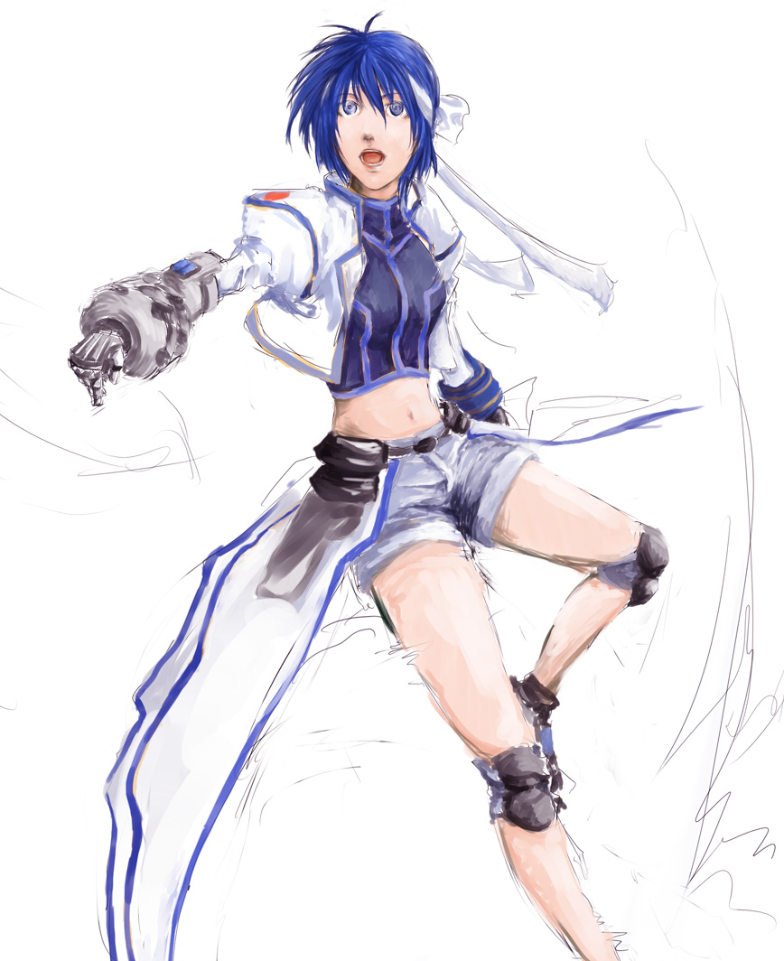 aocha, revolver knuckle, subaru nakajima, lyrical nanoha, mahou shoujo lyrical nanoha, mahou shoujo lyrical nanoha strikers, 00s, blue eyes, blue hair, knee pads, midriff, shorts, solo