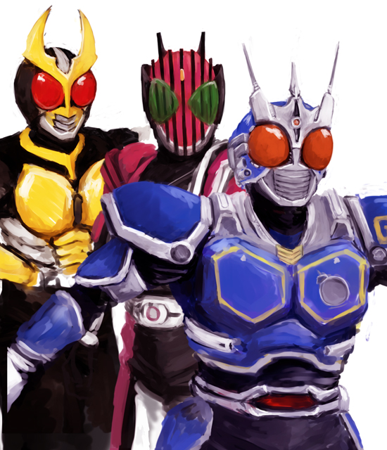 aocha, kamen rider agito, kamen rider agito (ground form), kamen rider decade, kamen rider g3, kamen rider g3-x, kamen rider, kamen rider agito (series), kamen rider dcd, 3boys, antennae, armor, belt, male focus, multiple boys, power armor