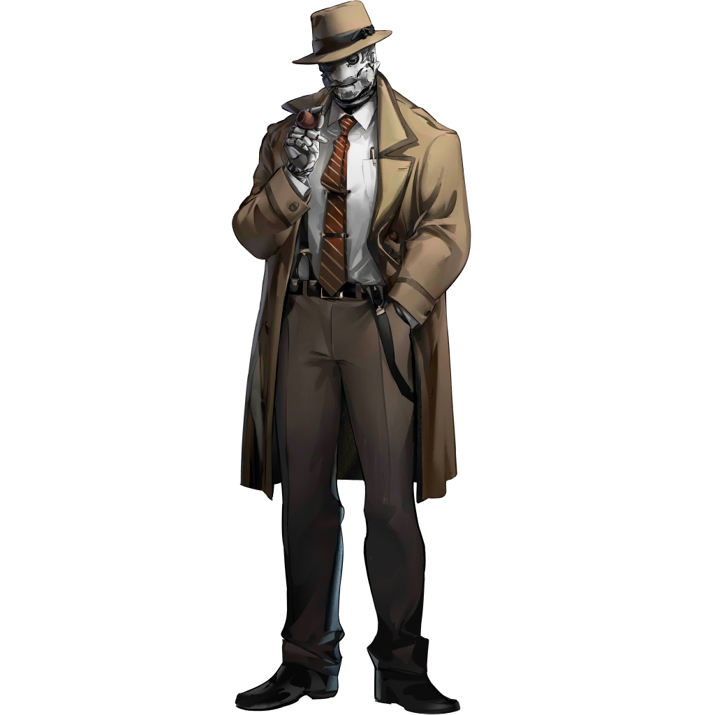 shutun, tin man (arknights), arknights, official art, third-party source, 1boy, brown coat, brown hat, brown pants, brown theme, coat, diagonal-striped clothes, diagonal-striped necktie, facial hair, formal clothes, full body, hand in pocket, hat, holding, holding smoking pipe, male focus, mustache, necktie, pants, pipe in mouth, red necktie, robot, simple background, single suspender hanging, smoking pipe, solo, standing, striped clothes, suspender pants, suspenders, tachi-e, transparent background, trench coat