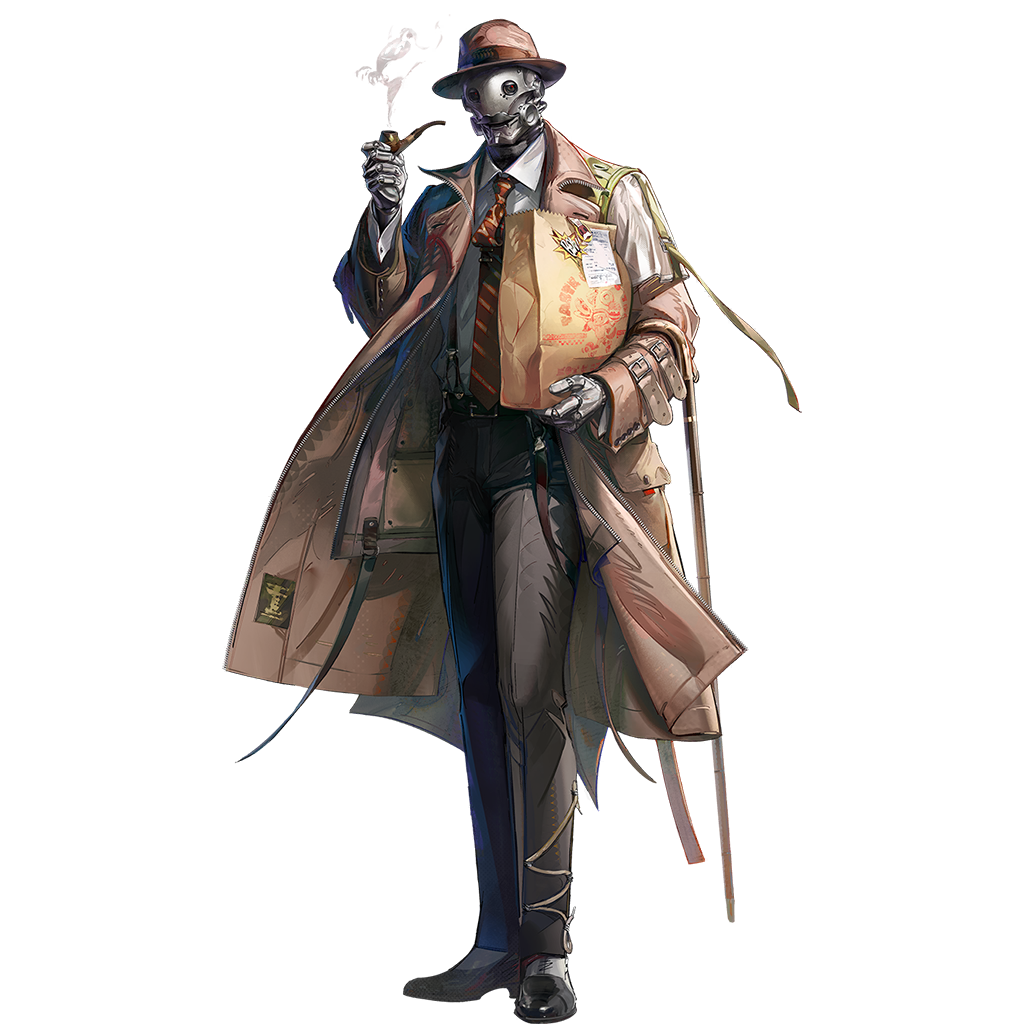 shutun, tin man (arknights), arknights, official art, third-party source, 1boy, bag, brown coat, brown hat, brown pants, brown theme, coat, diagonal-striped clothes, diagonal-striped necktie, facial hair, floating clothes, formal clothes, full body, hat, holding, holding smoking pipe, male focus, mustache, necktie, pants, paper bag, red necktie, robot, simple background, single suspender hanging, smoking pipe, solo, standing, striped clothes, suspender pants, suspenders, tachi-e, transparent background, trench coat