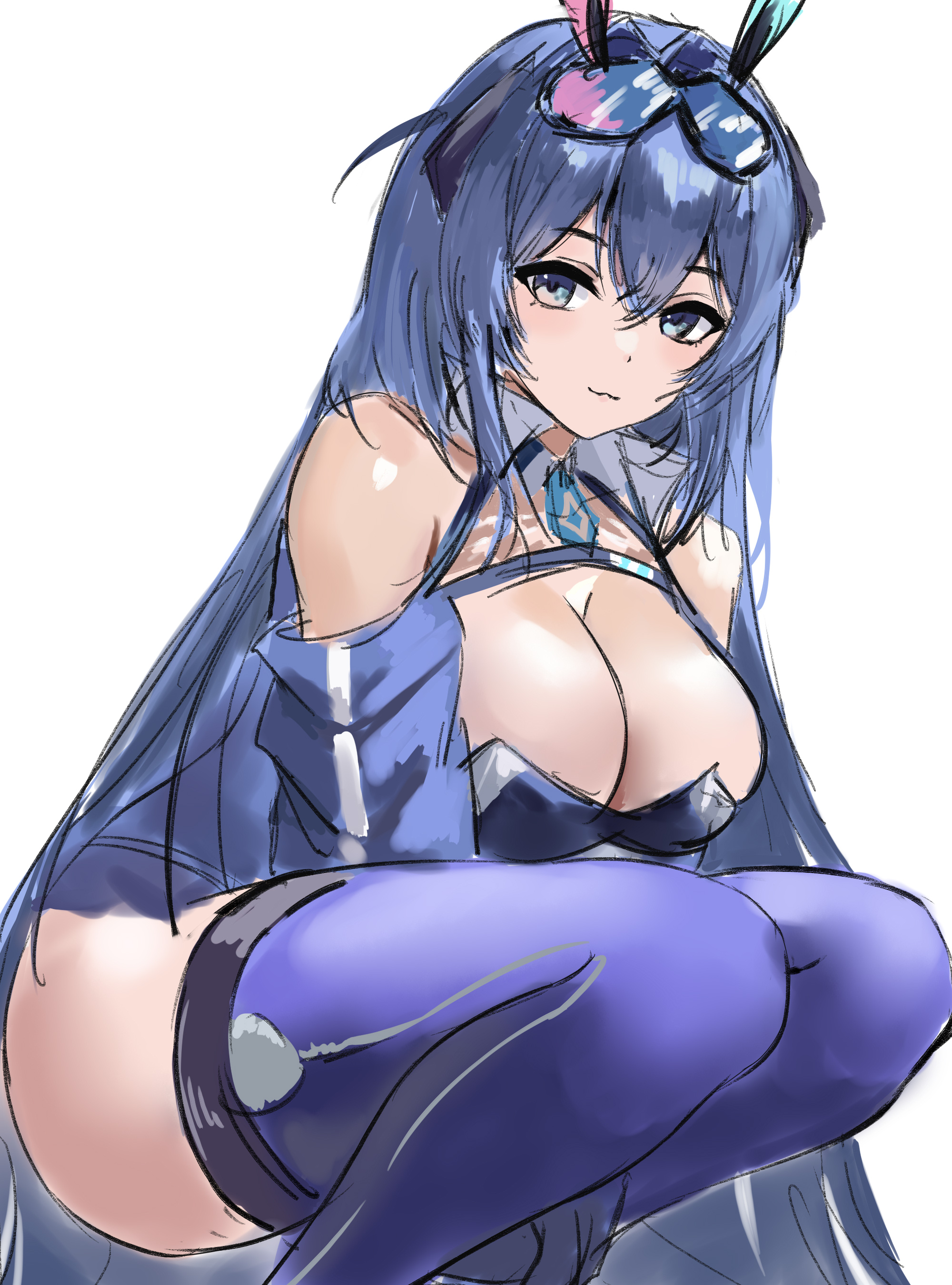 obniermarbiss, new jersey (azur lane), azur lane, absurdres, chinese commentary, commentary, highres, 1girl, :3, animal ears, blue eyes, blue hair, boots, breasts, cleavage, closed mouth, feet out of frame, goggles, goggles on head, large breasts, long hair, long sleeves, looking at viewer, new jersey (black blur prelude) (azur lane), official alternate costume, outdoors, rabbit ears, race queen, simple background, sketch, solo, squatting, thigh boots, thighhighs, very long hair, white background