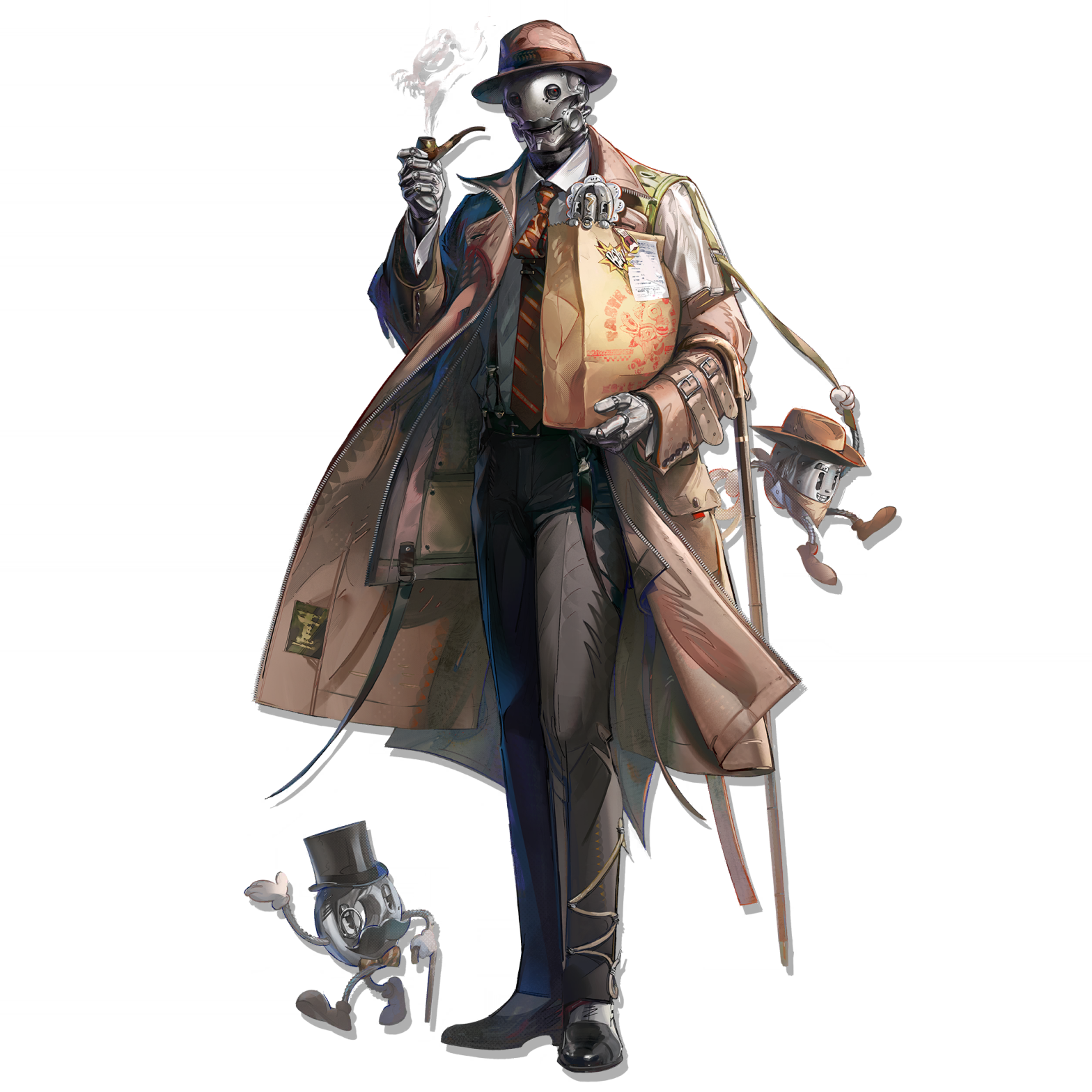 shutun, tin man (arknights), arknights, highres, official art, third-party source, 1boy, bag, brown coat, brown hat, brown pants, brown theme, coat, diagonal-striped clothes, diagonal-striped necktie, facial hair, floating clothes, formal clothes, full body, hat, holding, holding smoking pipe, male focus, mustache, necktie, pants, paper bag, red necktie, robot, simple background, single suspender hanging, smoking pipe, solo, standing, striped clothes, suspender pants, suspenders, tachi-e, transparent background, trench coat