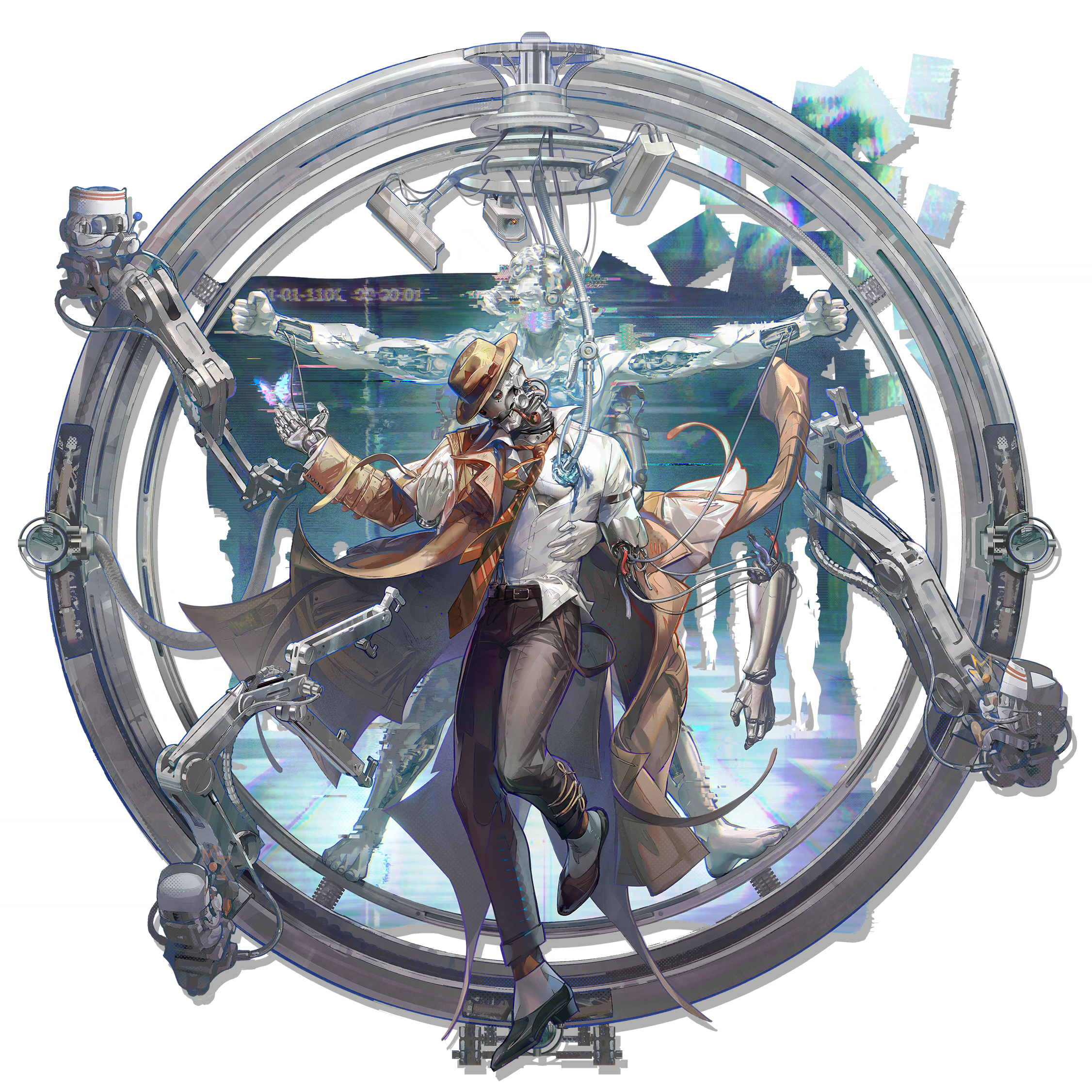 shutun, tin man (arknights), arknights, highres, official art, third-party source, 1boy, brown coat, brown hat, brown pants, bug, butterfly, coat, diagonal-striped clothes, diagonal-striped necktie, facial hair, floating clothes, formal clothes, full body, glitch, hanging, hat, insect, male focus, mustache, necktie, pants, pipe in mouth, red necktie, robot, simple background, single suspender hanging, smoking pipe, solo, striped clothes, suspender pants, suspenders, transparent background, trench coat