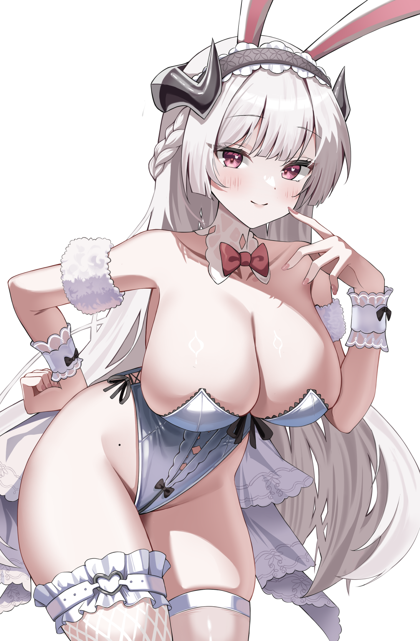 nannanana3939, virigia (stella sora), stella sora, highres, 1girl, animal ear hairband, animal ears, asymmetrical legwear, bare shoulders, black horns, blush, bow, bowtie, braid, breasts, cleavage, closed mouth, collarbone, criss-cross strings, demon girl, demon horns, fake animal ears, fishnet thighhighs, fishnets, frilled thighhighs, frills, groin, hairband, hand on own hip, hand up, horns, large breasts, leaning forward, leotard, long hair, looking at viewer, mismatched legwear, mole, mole on stomach, nail polish, pink nails, playboy bunny, rabbit ear hairband, rabbit ears, red bow, red bowtie, red eyes, side-tie leotard, sideboob, simple background, smile, solo, star (symbol), symbol in eye, thighhighs, thighs, traditional bowtie, undersized breast cup, very long hair, white background, white hair, white leotard, white thighhighs, white wrist cuffs, wrist cuffs