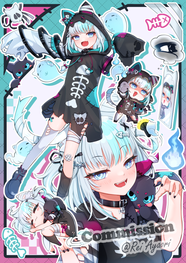 reiayaori, indie virtual youtuber, commission, vgen commission, 1girl, animal ears, bandages, black nails, blue eyes, blush, cat ears, cat girl, cat tail, chibi, chibi inset, collar, hood, multicolored hair, multiple views, nani (vtuber), open mouth, shirt, short hair, smile, t-shirt, tail, two-tone hair, virtual youtuber, white hair