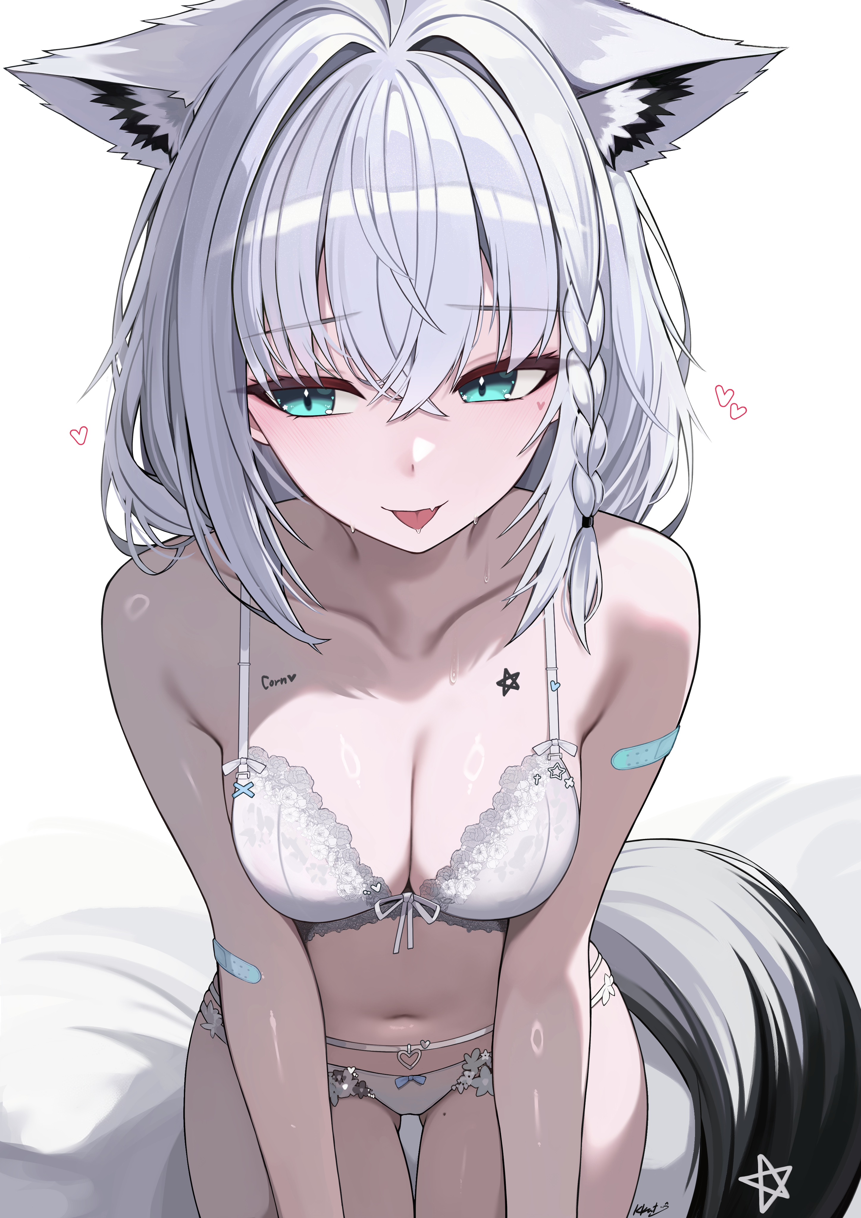 kkato, shirakami fubuki, hololive, absurdres, commentary, highres, symbol-only commentary, 1girl, :p, animal ear fluff, animal ears, aqua eyes, averting eyes, blush, bra, braid, breasts, cleavage, double-parted bangs, fox ears, fox girl, fox tail, gluteal fold, hair between eyes, long hair, medium breasts, navel, panties, side braid, simple background, single braid, solo, tail, thigh gap, tongue, tongue out, underwear, underwear only, virtual youtuber, white background, white bra, white hair, white panties