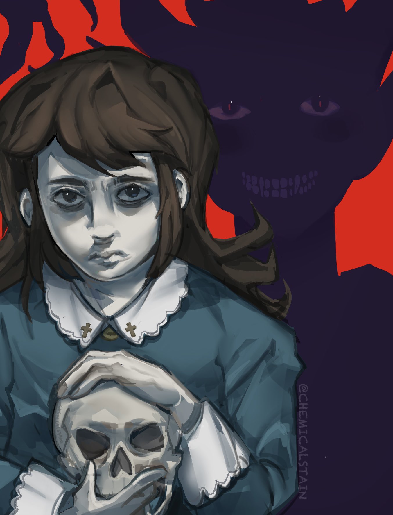 abaddon (demon) (haunted hotel), abaddon (haunted hotel), haunted hotel, highres, 2boys, belt, black eyes, black hair, blue eyes, blue shirt, chemicalstain, cross, demon, demon boy, expressionless, horror (theme), looking at viewer, multiple boys, priest (haunted hotel), red pupils, shirt, slit pupils