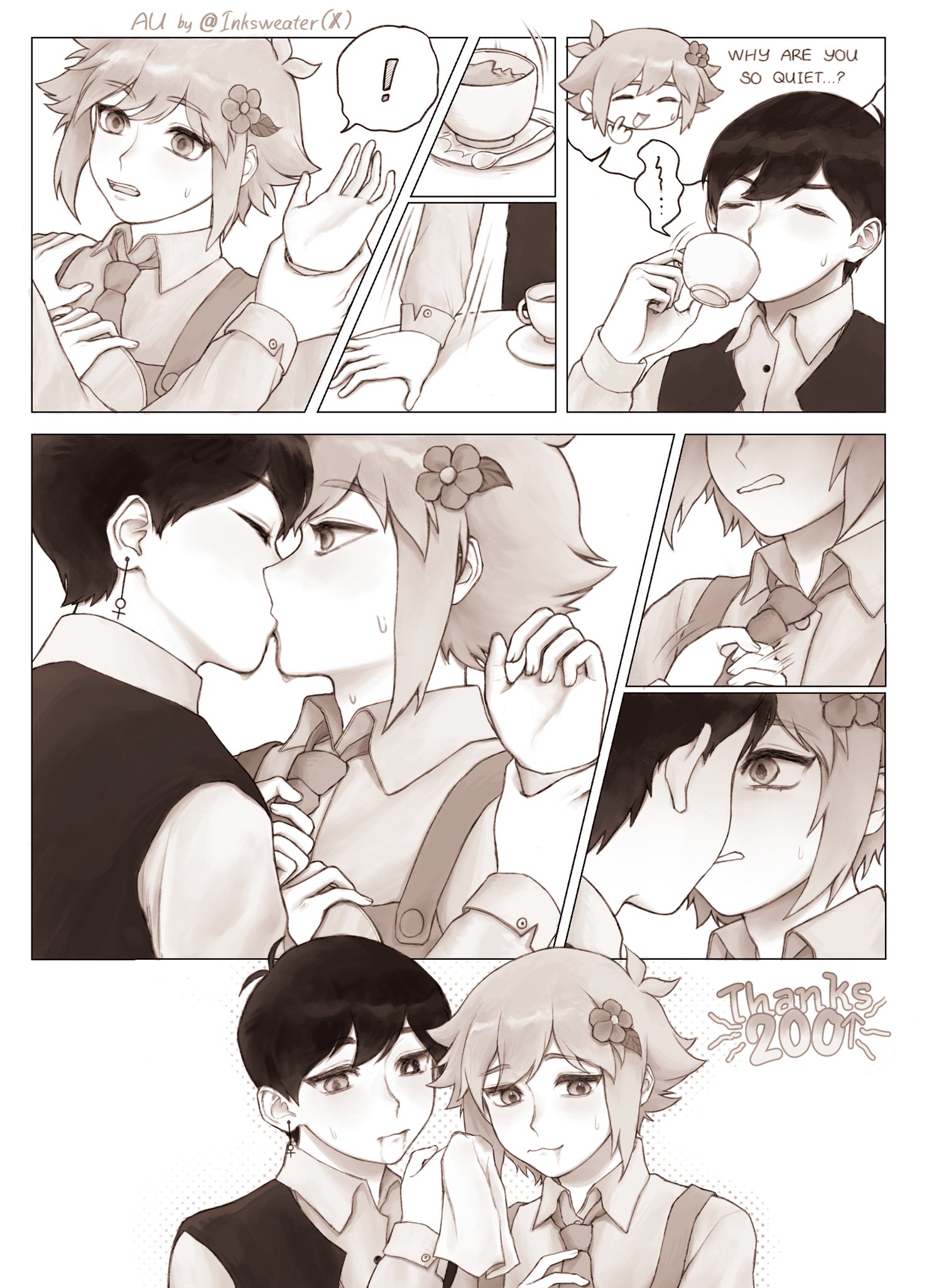 omori, highres, spoilers, 2boys, alternate costume, antenna hair, apron, bright pupils, chibi, chibi inset, closed eyes, closed mouth, clothes grab, collared shirt, cup, double-parted bangs, earrings, english text, flower, greyscale, hair between eyes, hair flower, hair ornament, heterochromia, holding, holding cup, holding napkin, holding tray, jewelry, k0kum0tsu, kiss, long sleeves, looking at another, male focus, monochrome, multiple boys, necktie, necktie grab, neckwear grab, open mouth, plate, right-to-left comic, shirt, short hair, sidelocks, single earring, speech bubble, spoken squiggle, squiggle, teacup, teeth, tray, upper teeth only, vest, yaoi