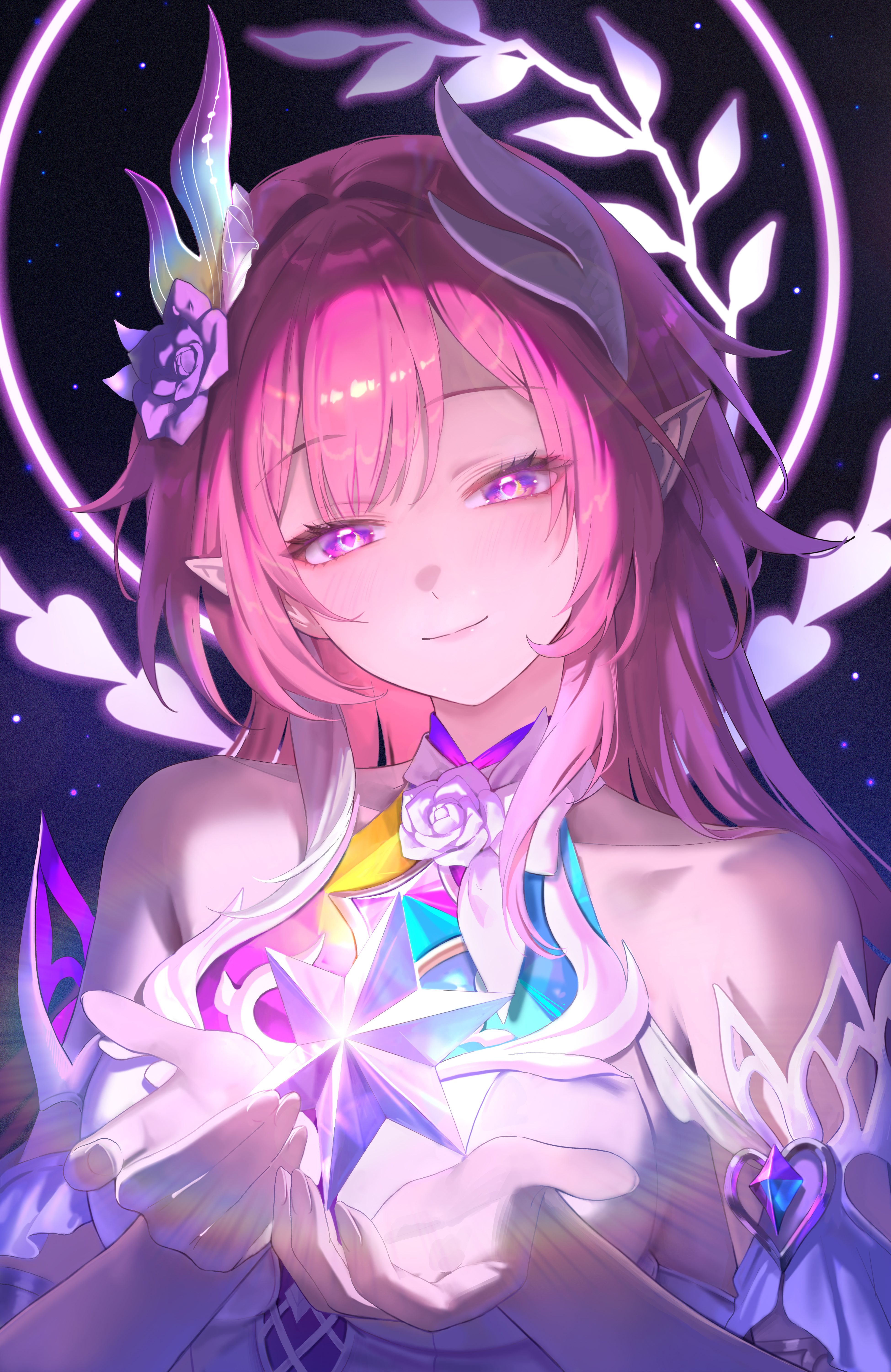 bangsom, cyrene (honkai: star rail), cyrene (ripples of past reverie) (honkai: star rail), honkai: star rail, honkai (series), absurdres, commentary, highres, 1girl, armlet, bare shoulders, closed mouth, crystal, fingernails, flower, gradient background, hair flower, hair intakes, hair ornament, halo, halo behind head, hands up, jewelry, long hair, looking at viewer, pink hair, pointy ears, purple background, purple eyes, purple flower, purple rose, rose, sidelocks, smile, solo, upper body