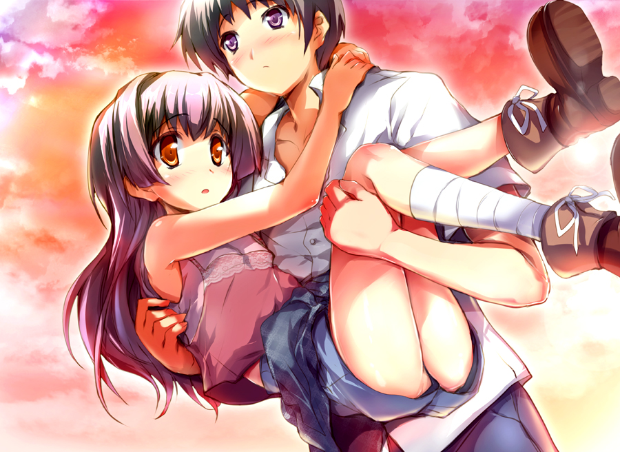 kashi, original, ass, bandages, blush, boots, brother and sister, brown eyes, carrying, cloud, long hair, princess carry, purple hair, shorts, siblings, sky, sunset