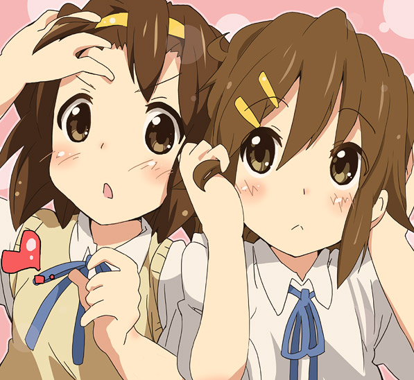 ixy, hirasawa yui, tainaka ritsu, k-on!, 00s, 2girls, :<, alternate hairstyle, blush, brown eyes, brown hair, hair ornament, hairband, hairclip, headwear switch, heart, multiple girls, school uniform, short hair, sweater vest, tomboy