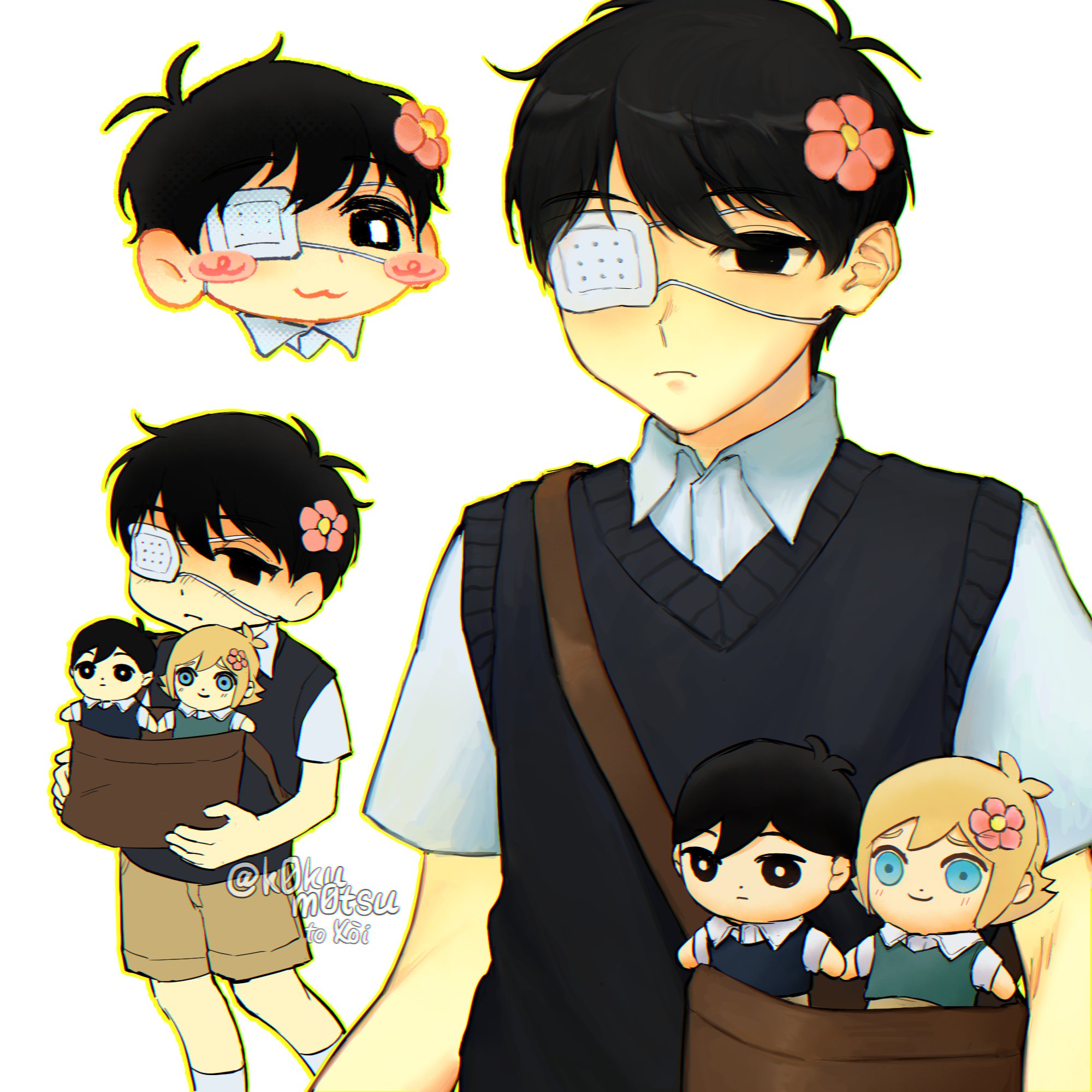 basil (faraway) (omori), basil (omori), sunny (omori), omori, highres, spoilers, 1boy, :3, antenna hair, artist name, bag, black eyes, black hair, black sweater vest, blush stickers, brown shorts, character doll, closed mouth, collared shirt, doll, double-parted bangs, eyepatch, hair between eyes, handbag, k0kum0tsu, male focus, shirt, short sleeves, shorts, smile, socks, solo, stuffed toy, sweater vest, twitter username, white shirt, white socks
