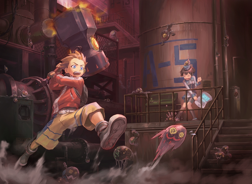 iceojin, original, bad id, bad pixiv id, 1boy, 1girl, angry, backpack, bag, bike shorts, blue eyes, boots, chasing, dust, hammer, hitting, industrial pipe, knees together feet apart, monster, railing, running, rust, scared, shorts, stairs