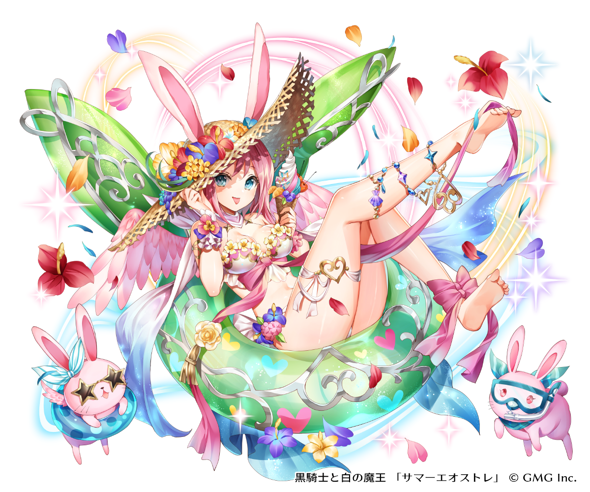 nemusuke, original, character request, official art, animal, ass, bikini, blue eyes, breasts, falling petals, feathered wings, feet, flower, full body, hat, innertube, jewelry, kurokishi to shiro no maou, large breasts, navel, petals, pink fur, pink hair, rabbit, ribbon, shell, smile, snorkel, soles, star-shaped eyewear, star (symbol), straw hat, sunglasses, swim ring, swimsuit, tongue, tongue out, white bikini, wings