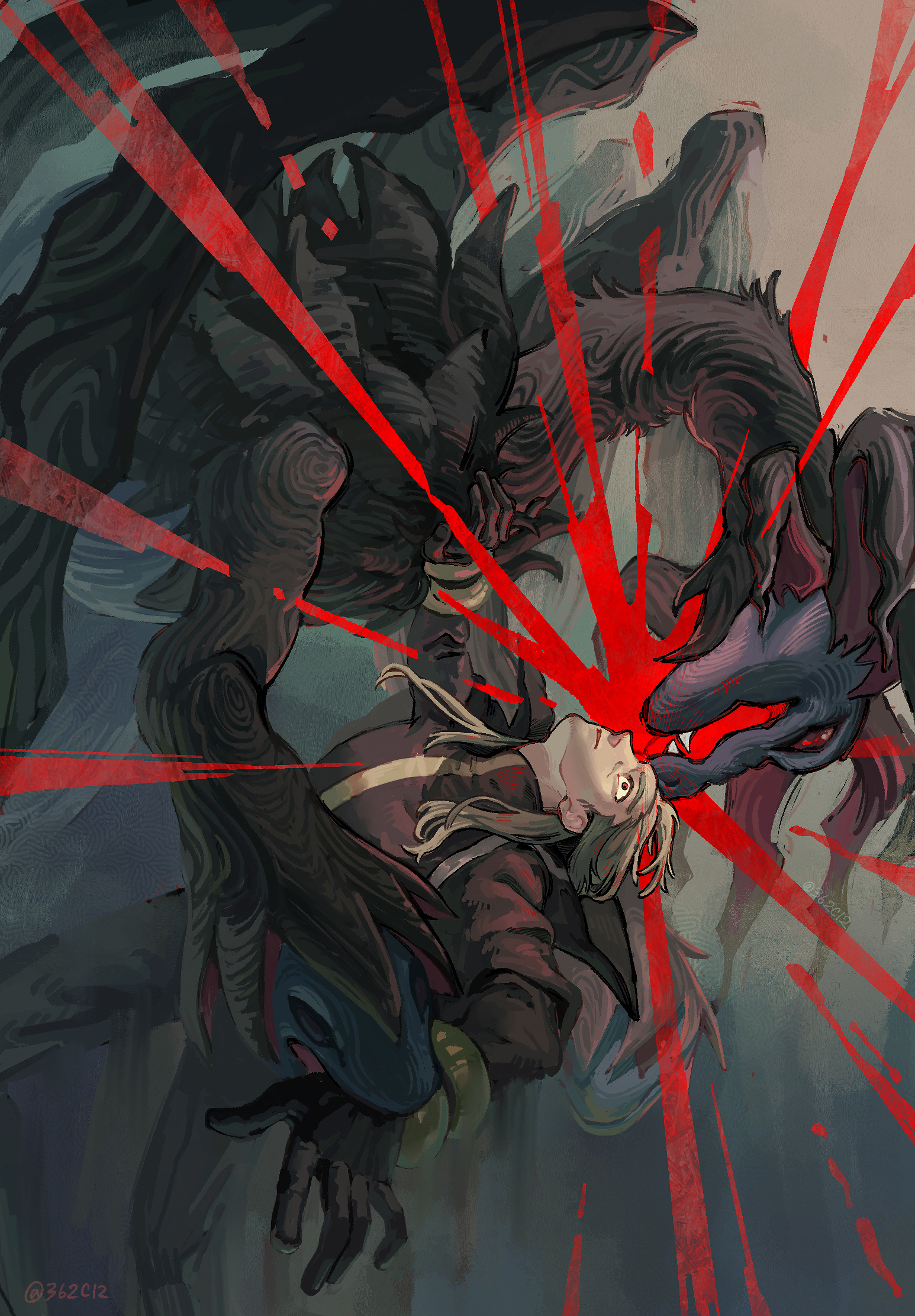 ghetsis (pokemon), hydreigon, nintendo, pokemon, pokemon bw, commentary, highres, 1boy, 1other, arched back, biting, biting another's hand, black coat, black gloves, black pants, blonde hair, coat, dappled sunlight, dragon, facing another, flying, gen 5 pokemon, gloves, grey background, hand on another's chest, injury, leaning back, light rays, looking at another, midair, multiple heads, outstretched arm, pants, pokemon (creature), red eyes, sunlight, surprised, user udxm5277, wide-eyed