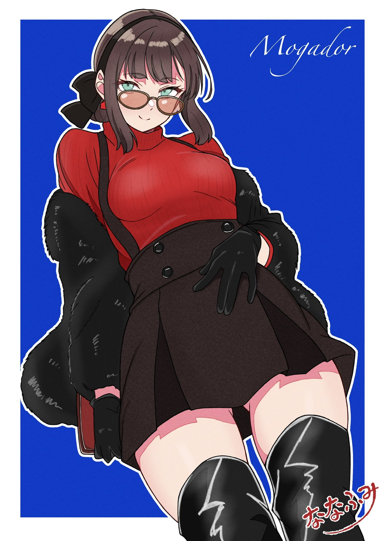nanafumi (nanafumino), mogador (kancolle), mogador (saury festival) (kancolle), kantai collection, highres, 1girl, black hairband, black skirt, blue background, boots, breasts, character name, coat, freckles, fur coat, fur jacket, glasses, green eyes, hairband, jacket, long hair, looking at viewer, official alternate costume, overall skirt, red sweater, ribbed sweater, sidelocks, signature, skirt, smile, solo, sunglasses, suspender skirt, suspenders, sweater, thigh boots, turtleneck, turtleneck sweater