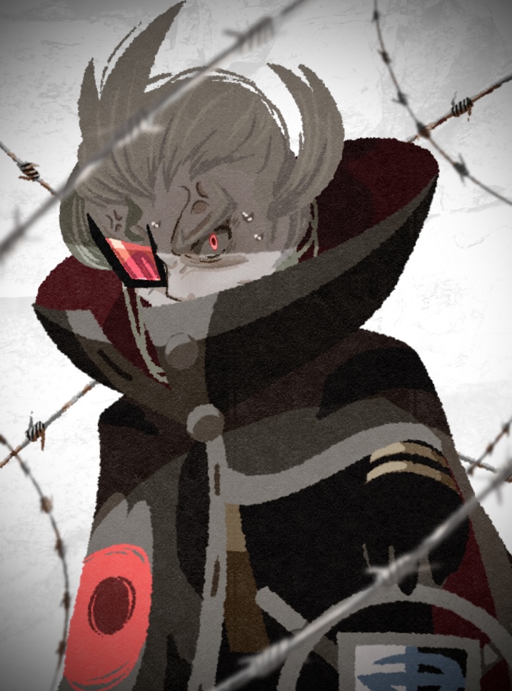 ghetsis (pokemon), nintendo, pokemon, pokemon bw2, commentary, 1boy, anger vein, angry, barbed wire, black coat, black gloves, blonde hair, brown cloak, cloak, coat, covered mouth, furious, furrowed brow, gloves, grey background, hair slicked back, high collar, holding, holding staff, male focus, omochime123, partially unbuttoned, red eyes, scouter, staff, upper body, vignetting, white background