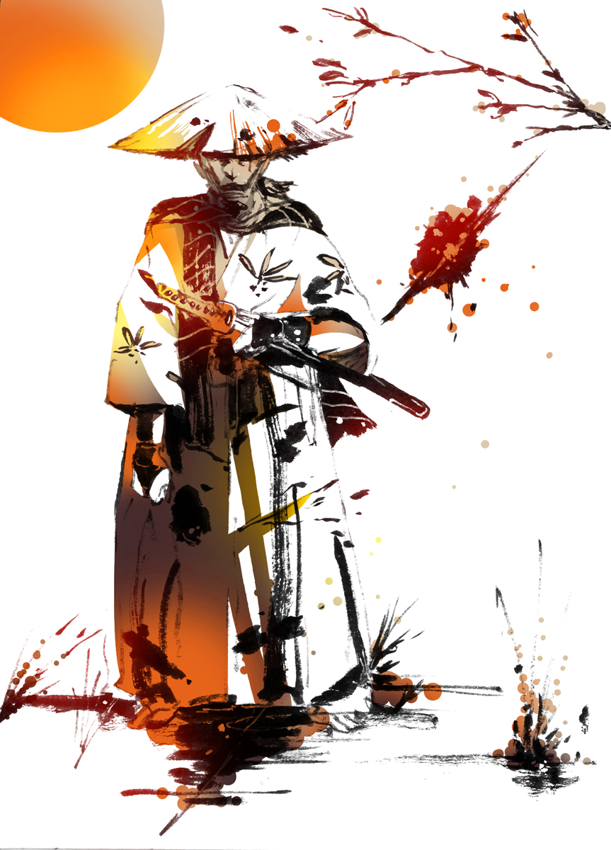 enomoto misato, original, highres, 1boy, blood, hat, japanese clothes, kimono, kodachi, male focus, rice hat, samurai, short sword, solo, sugegasa, sun, sword, weapon