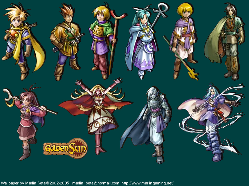 alex (golden sun), felix (golden sun), garet (golden sun), isaac (golden sun), ivan (golden sun), jenna (golden sun), menardi (golden sun), mia (golden sun), saturos (golden sun), sheba (golden sun), golden sun, annotation request, 4girls, 6+boys, armor, blue hair, cape, everyone, multiple boys, multiple girls, red hair, staff, sword, weapon