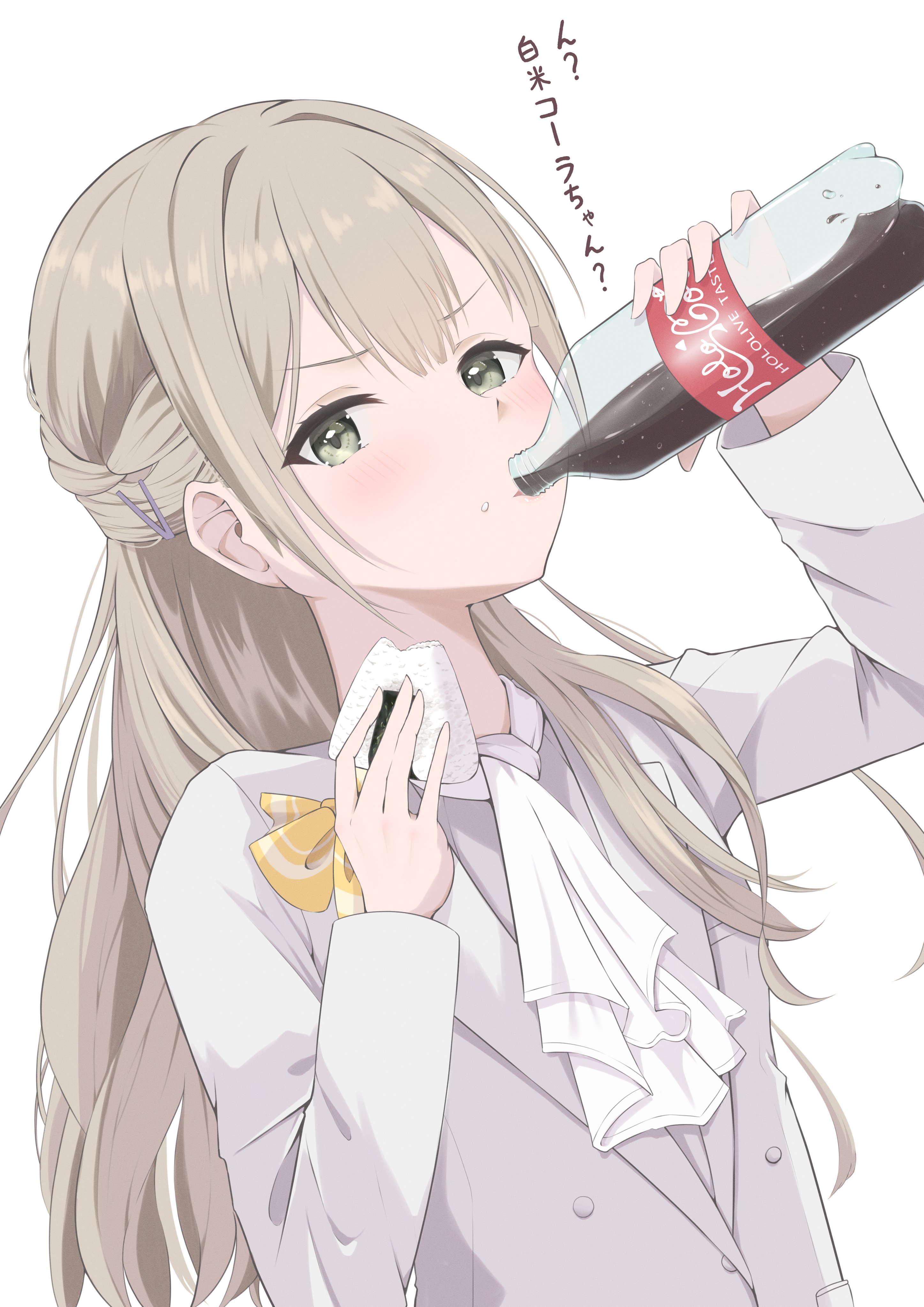 rana 0628, hanazono sayaka, hololive, absurdres, highres, ascot, asymmetrical hair, bow, double-parted bangs, drinking, food, formal clothes, jacket, lapels, medium skirt, notched lapels, onigiri, skirt, straight-on, suit, suit jacket, white ascot, white suit, yellow bow