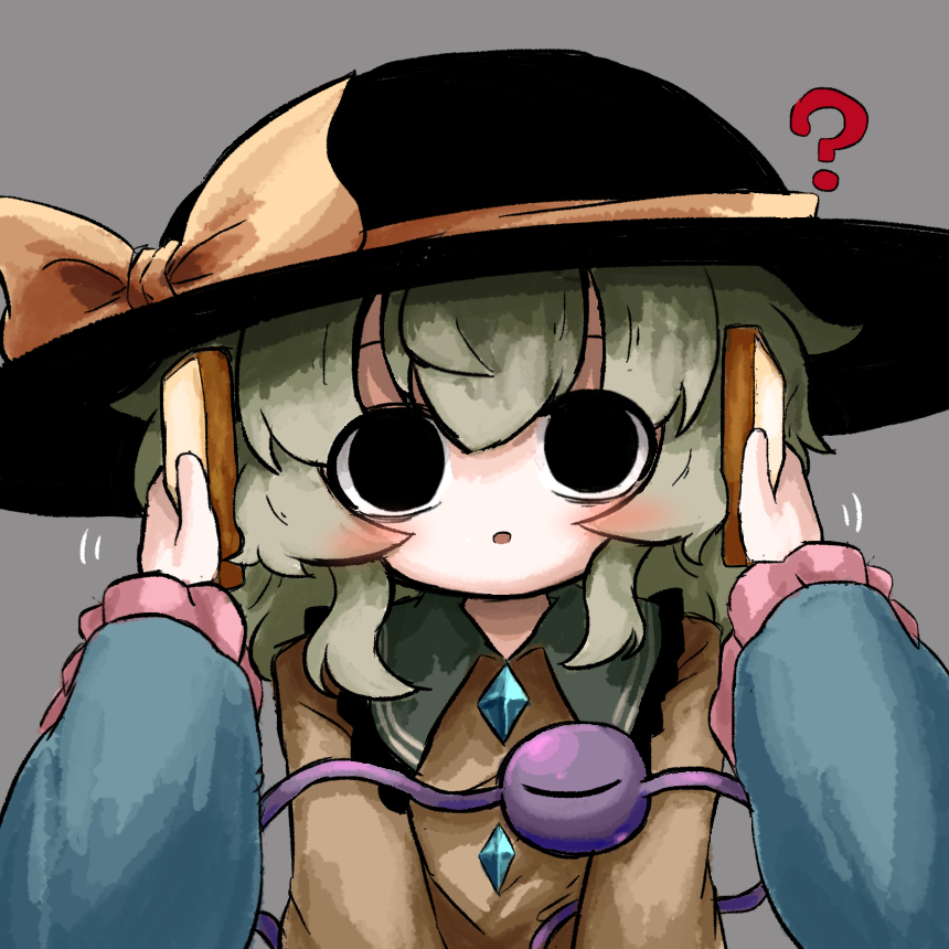 heripantomorrow, komeiji koishi, komeiji satori, touhou, commentary request, 2girls, :o, ?, black eyes, black hat, blush, bow, bread, bread slice, buttons, diamond button, food, frilled shirt collar, frilled sleeves, frills, green hair, grey background, hat, hat bow, idiot sandwich (meme), looking at viewer, meme, multiple girls, parted lips, pov, pov hands, shirt, simple background, third eye, upper body, yellow bow, yellow shirt