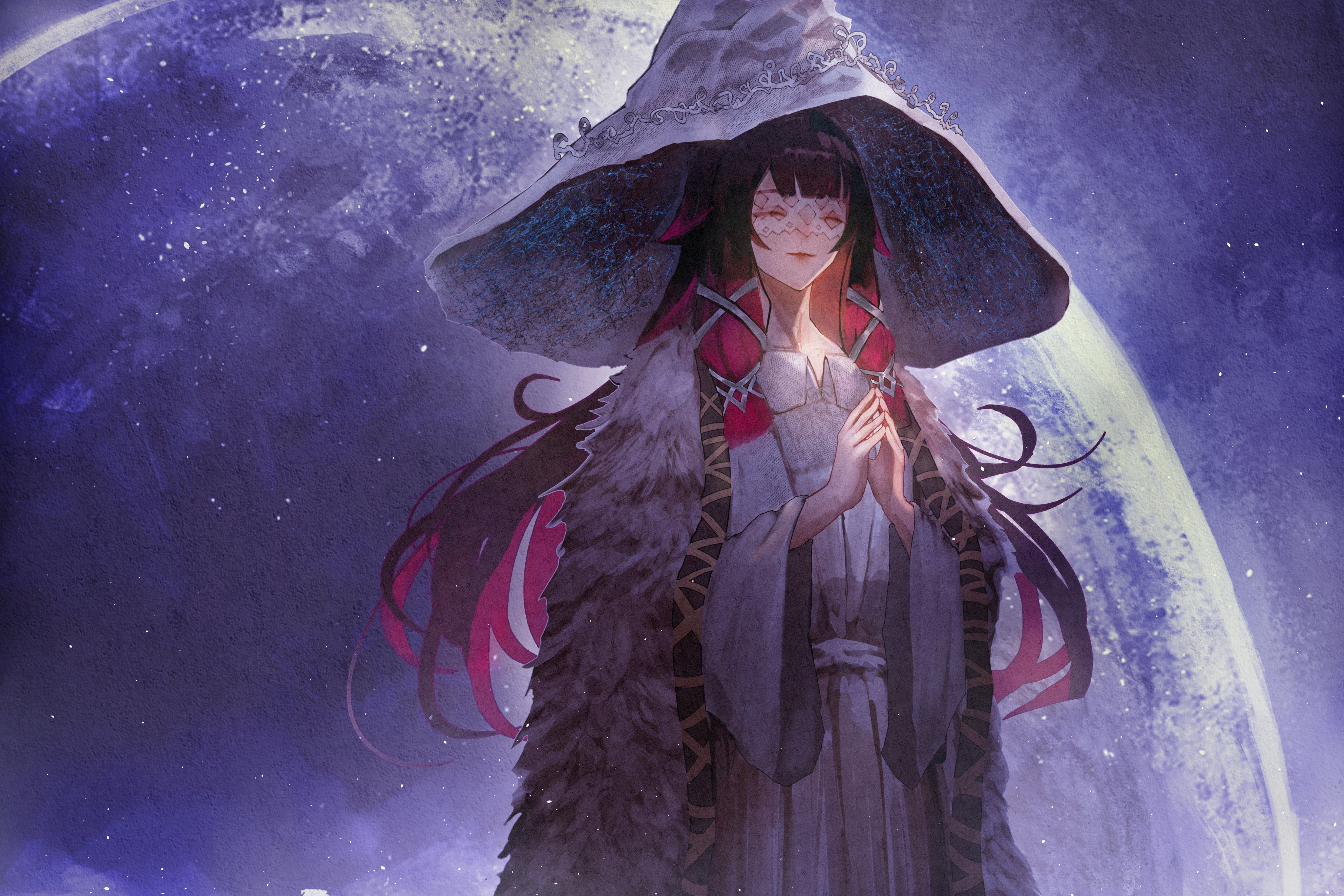 graffitigw, columbina (genshin impact), ranni the witch, elden ring, genshin impact, absurdres, highres, 1girl, alternate costume, black hair, closed eyes, closed mouth, coat, cosplay, dress, eye mask, fur coat, hair ornament, hat, head wings, large hat, long hair, mask, moon, multicolored hair, multiple girls, own hands together, ranni the witch (cosplay), smile, solo, two-tone hair, very long hair, white dress, white mask, wings, witch, witch hat