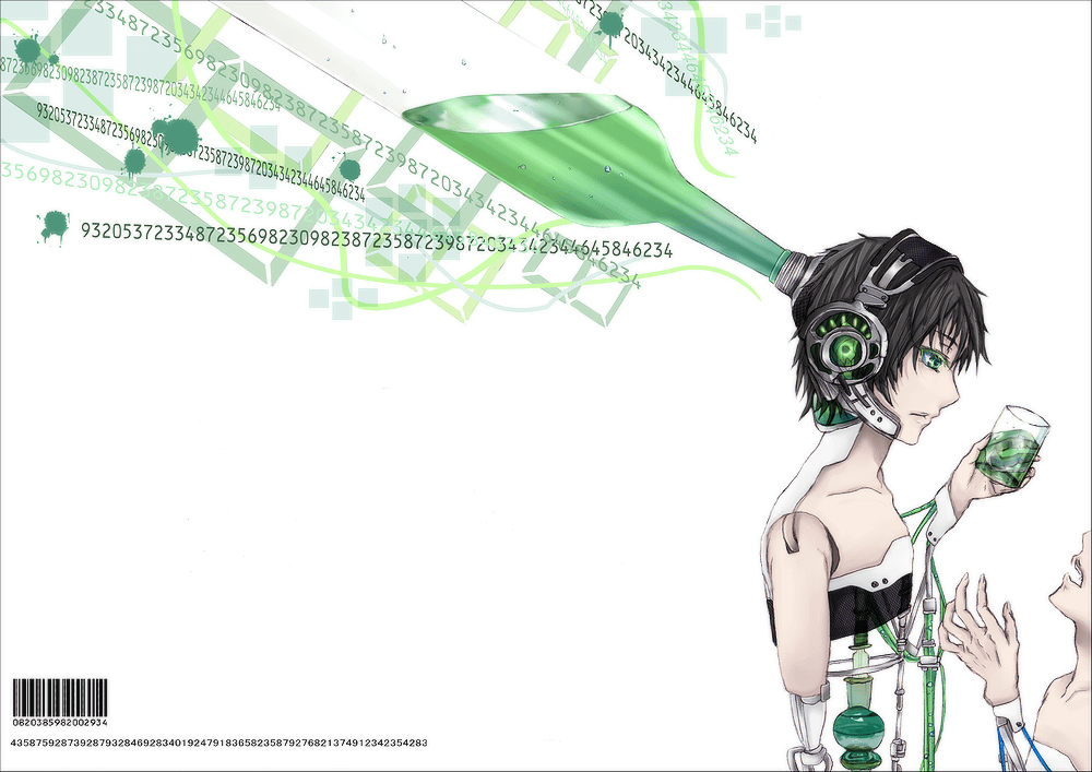 suipuu izuru, bad id, bad pixiv id, android, barcode, black hair, doll joints, glass, green eyes, joints, profile, robot joints, short hair, solo