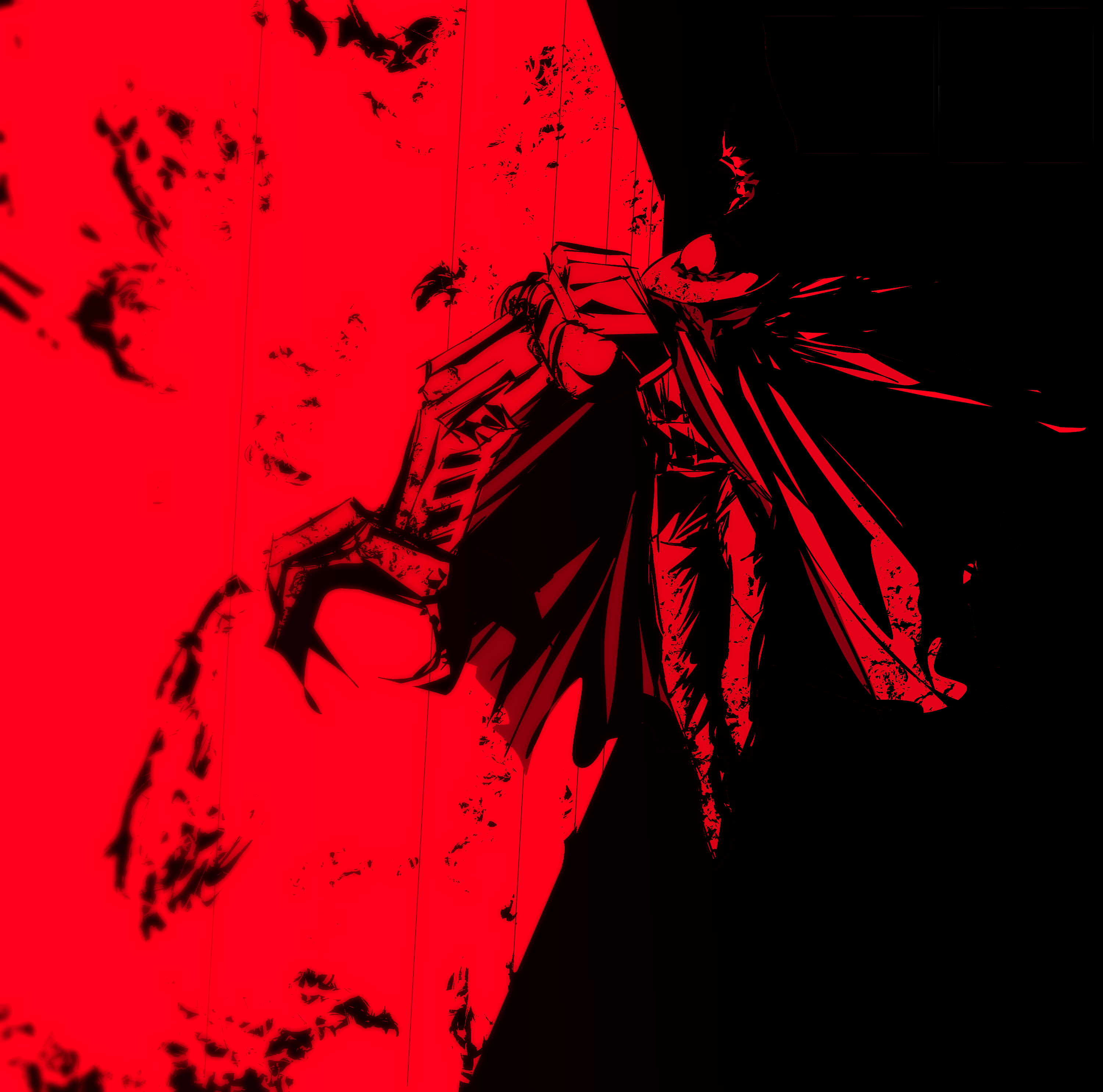 original, sanabi, absurdres, commentary, highres, symbol-only commentary, 1other, black background, blood, blood splatter, cape, cloak, covered face, dirt, facing viewer, goldgalchi, hat, high contrast, mechanical arms, military uniform, paint splatter, pants, red background, red cape, red cloak, red pants, red scarf, scarf, single mechanical arm, straw hat, two-tone background, walking