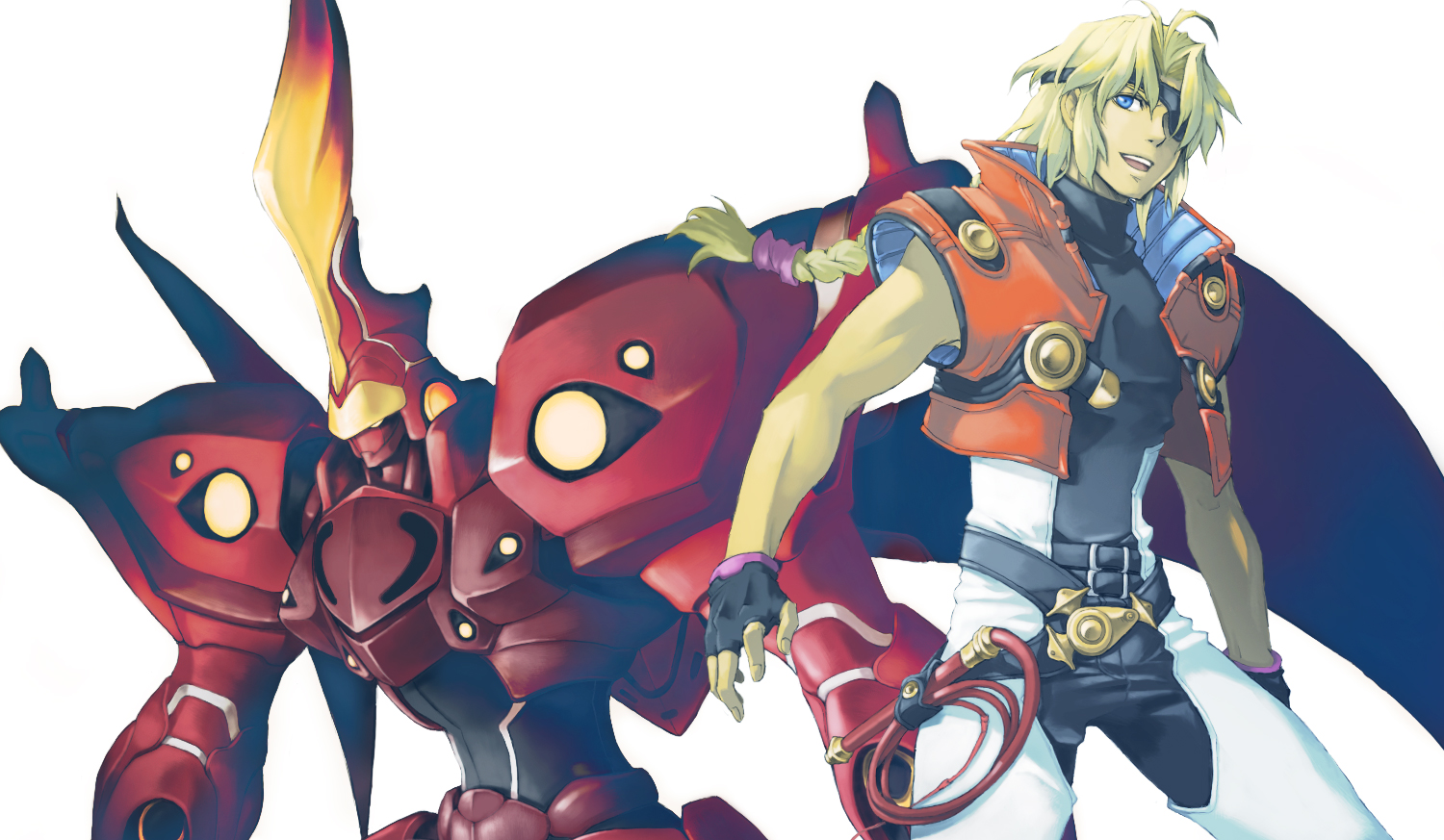 koma kiri aoko, andvari (mecha), bartholomew fatima, xenogears, 1boy, belt, blonde hair, blue eyes, braid, eyepatch, fingerless gloves, gloves, male focus, mecha, robot, simple background, solo, whip, white background