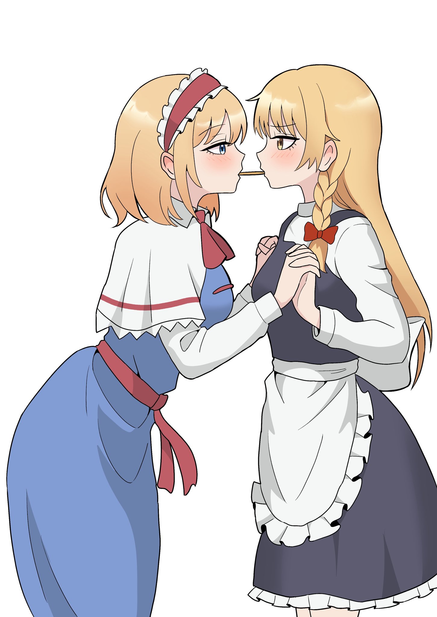 alice margatroid, kirisame marisa, touhou, commentary request, highres, 2girls, apron, ascot, back bow, black skirt, black vest, blonde hair, blue dress, blue eyes, blush, bow, braid, breasts, capelet, dress, eye contact, food, food in mouth, frilled apron, frilled hairband, frilled skirt, frills, hair bow, hairband, holding hands, interlocked fingers, kiyo (tomoki6107), lolita hairband, long hair, long sleeves, looking at another, multiple girls, no headwear, pocky, pocky day, pocky in mouth, pocky kiss, red ascot, red bow, red hairband, shared food, side braid, simple background, single braid, skirt, vest, waist apron, white apron, white background, white bow, white capelet, yellow eyes, yuri
