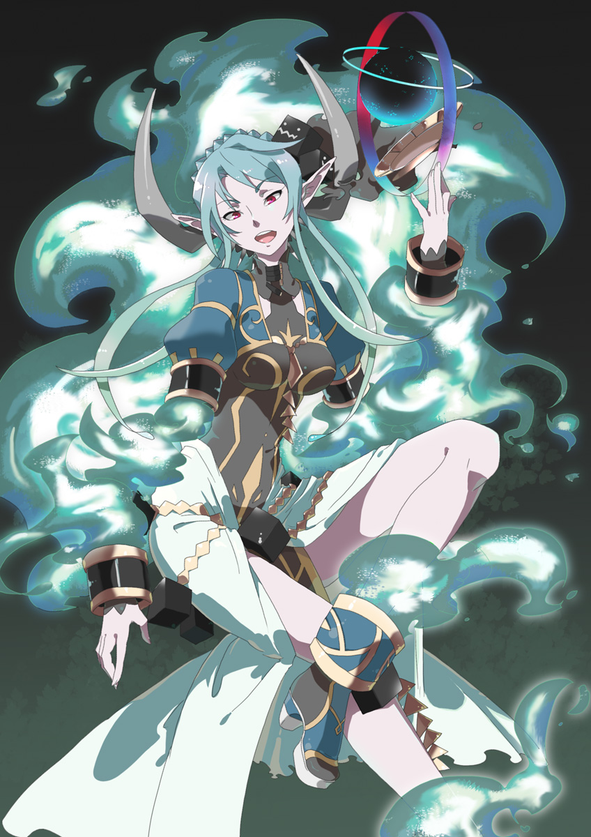 ira96, bad id, bad pixiv id, highres, aqua hair, cube, long hair, magic, pointy ears, red eyes, smoke, solo