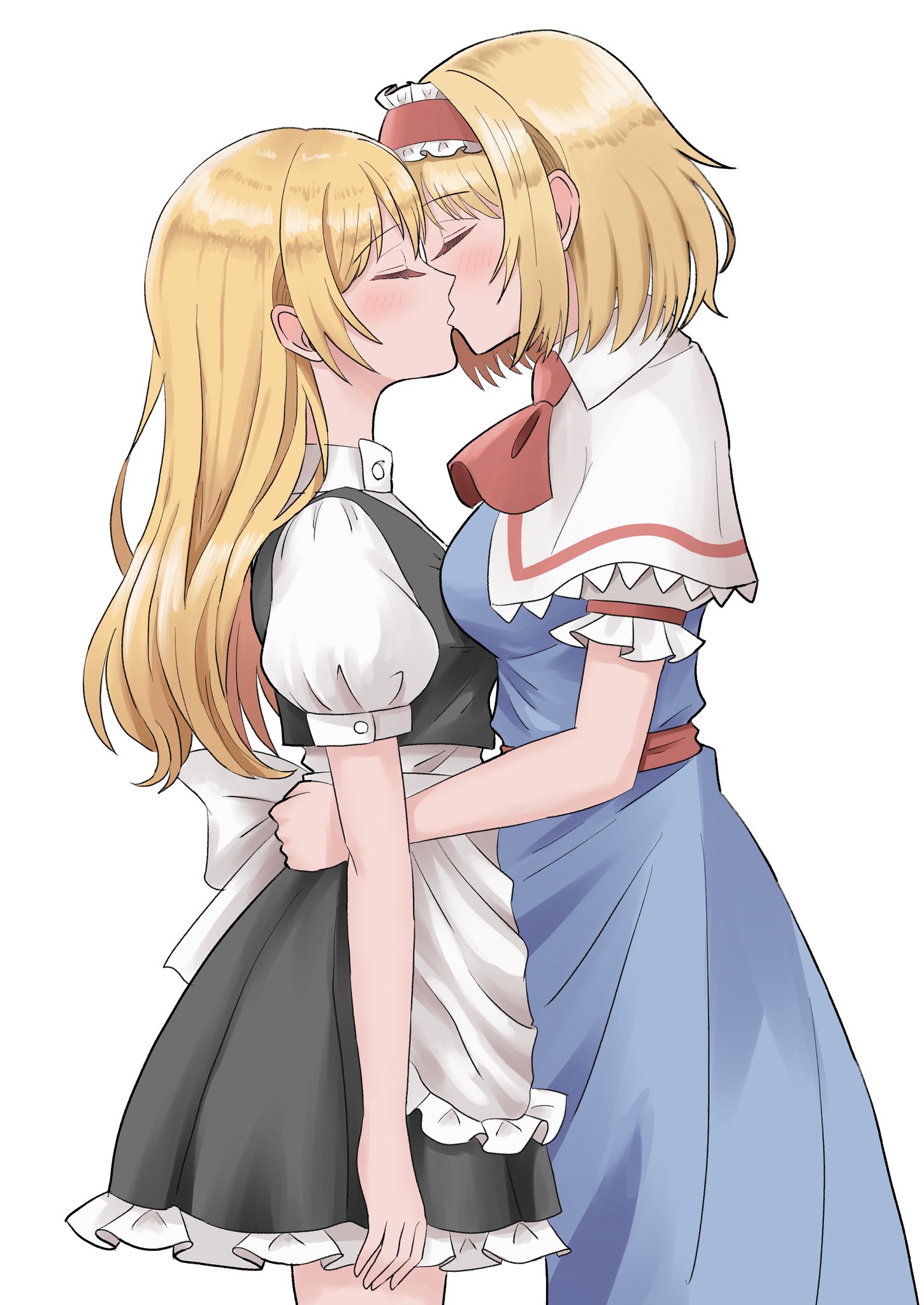 alice margatroid, kirisame marisa, touhou, commentary request, highres, 2girls, apron, back bow, black skirt, black vest, blonde hair, blue dress, blush, bow, breasts, capelet, closed eyes, dress, frilled apron, frilled hairband, frilled skirt, frills, hairband, kiss, kiyo (tomoki6107), lolita hairband, multiple girls, puffy short sleeves, puffy sleeves, red hairband, short sleeves, simple background, skirt, vest, waist apron, white apron, white background, white bow, white capelet, yuri