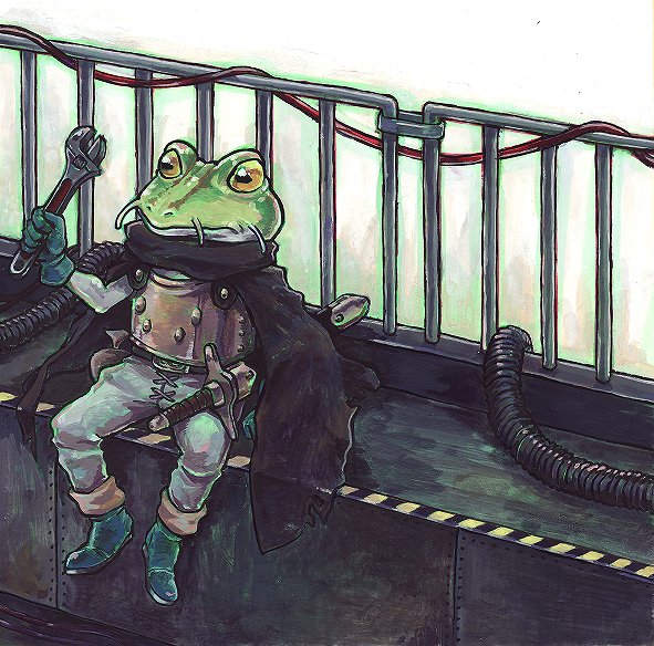 maggie (spaghetti shoukougun), frog (chrono trigger), chrono (series), chrono trigger, square enix, 1990s (style), 1boy, cape, frog, gloves, male focus, retro artstyle, sheath, sheathed, solo, sword, weapon, wrench, yellow eyes