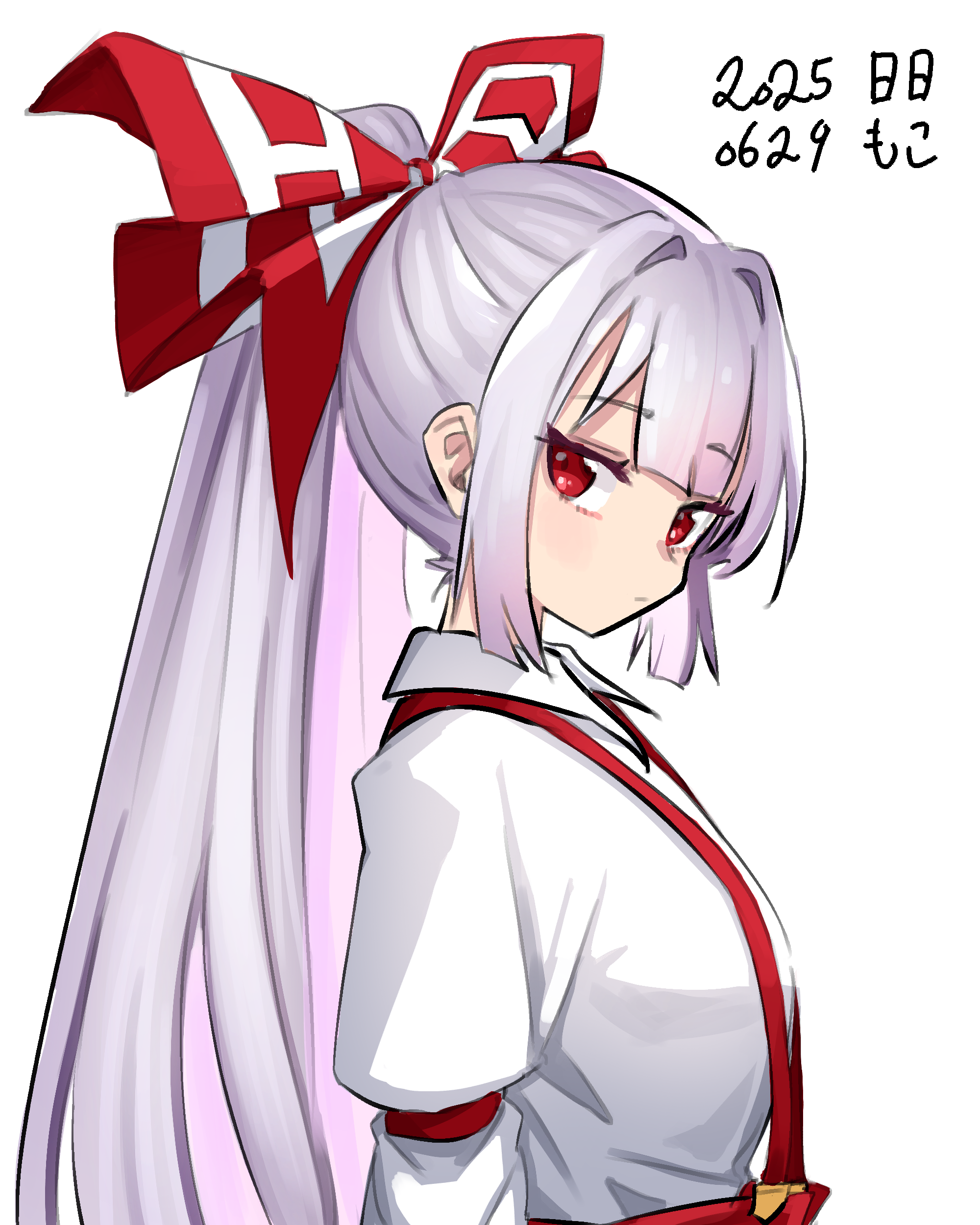 neophyte, fujiwara no mokou, touhou, absurdres, highres, 1girl, bow, collared shirt, grey hair, hair bow, high ponytail, looking to the side, ponytail, red bow, red eyes, red suspenders, shirt, sidelocks, sideways glance, simple background, solo, suspenders, upper body, white background, white bow, white shirt, wing collar