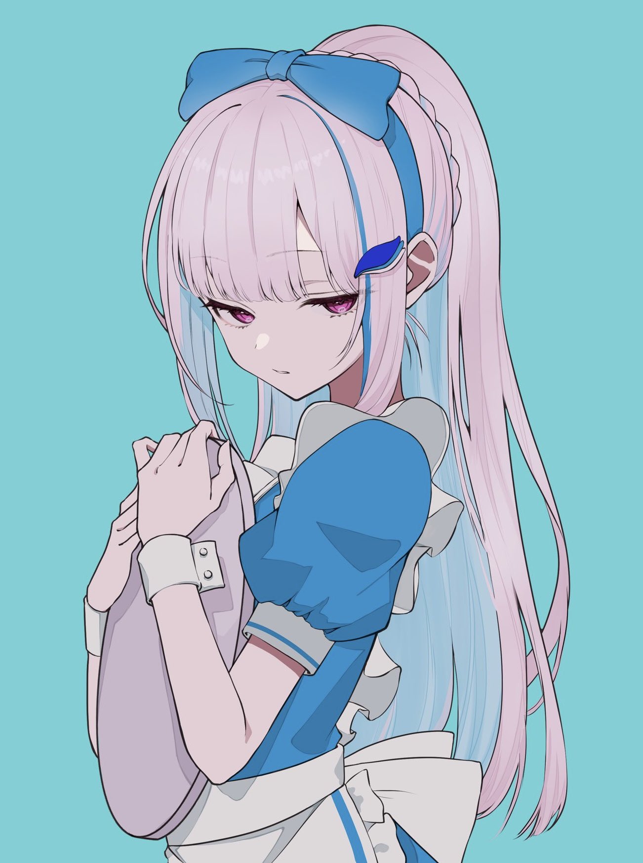 haruwo, lize helesta, nijisanji, commentary request, highres, 1girl, apron, aqua background, blue dress, blue hair, blue ribbon, blunt bangs, braid, colored inner hair, dress, frilled dress, frills, from side, grey hair, grid background, hair ornament, hair ribbon, hairclip, half-closed eyes, holding, holding tray, long hair, looking at viewer, multicolored hair, parted lips, puffy short sleeves, puffy sleeves, purple eyes, ribbon, short sleeves, sidelocks, solo, streaked hair, tray, upper body, very long hair, virtual youtuber, waitress, white apron, wrist cuffs
