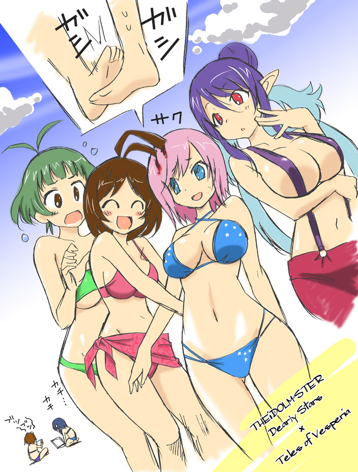 marugoshi teppei, tsuge taira suke, akizuki ryo, estellise sidos heurassein, hidaka ai, judith (tales), mizutani eri, rita mordio, idolmaster, idolmaster dearly stars, tales of (series), tales of vesperia, bad id, bad pixiv id, 00s, 6+girls, :d, angry, antenna hair, bikini, blood, blue bikini, blue eyes, blue hair, breasts, copyright name, crossover, day, everyone, genderswap, genderswap (mtf), huge breasts, injury, large breasts, multiple girls, naked suspenders, open mouth, pink bikini, pink hair, pink sarong, pointy ears, red eyes, revealing clothes, sarong, sketch, sky, slingshot swimsuit, smile, suspenders, swimsuit, topless female, what