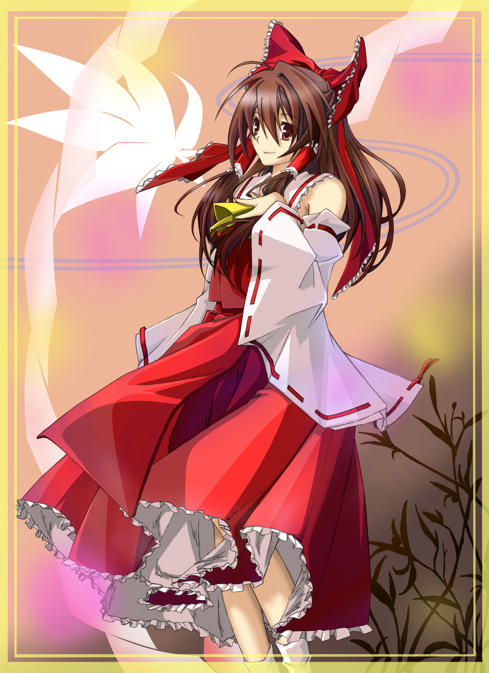 hare-0812, hakurei reimu, touhou, bad id, bad pixiv id, highres, 1girl, bow, brown hair, detached sleeves, female focus, gradient background, hair bow, japanese clothes, long hair, miko, nature, plant, red eyes, solo
