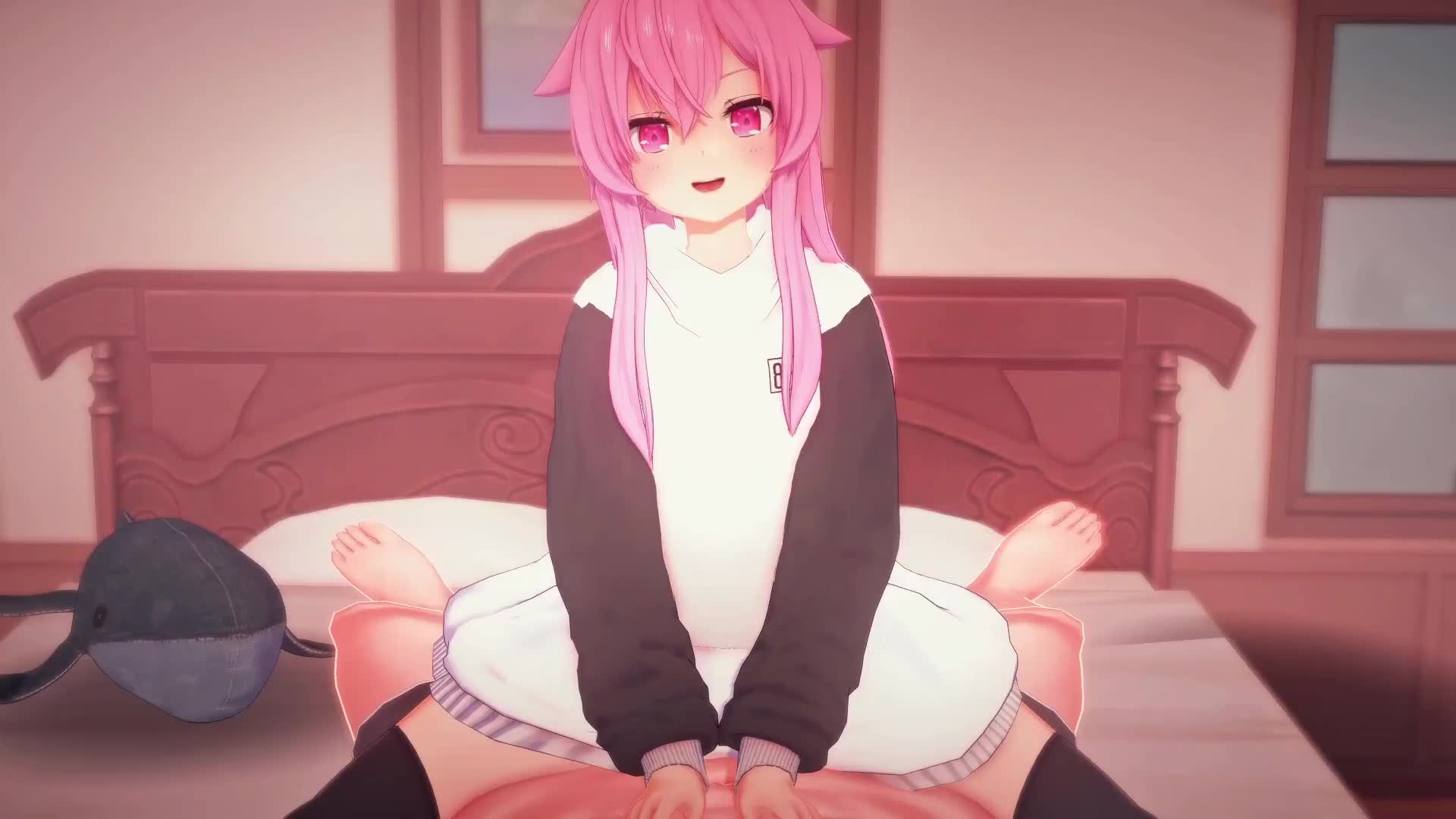 wataamage, mumble (shachimu), animated, koikatsu (medium), tagme, video, 1boy, 1girl, 3d, bed, clothed female nude male, clothed sex, cowgirl position, implied cum in pussy, implied sex, nude, pink eyes, pink hair, straddling, stuffed toy, whale