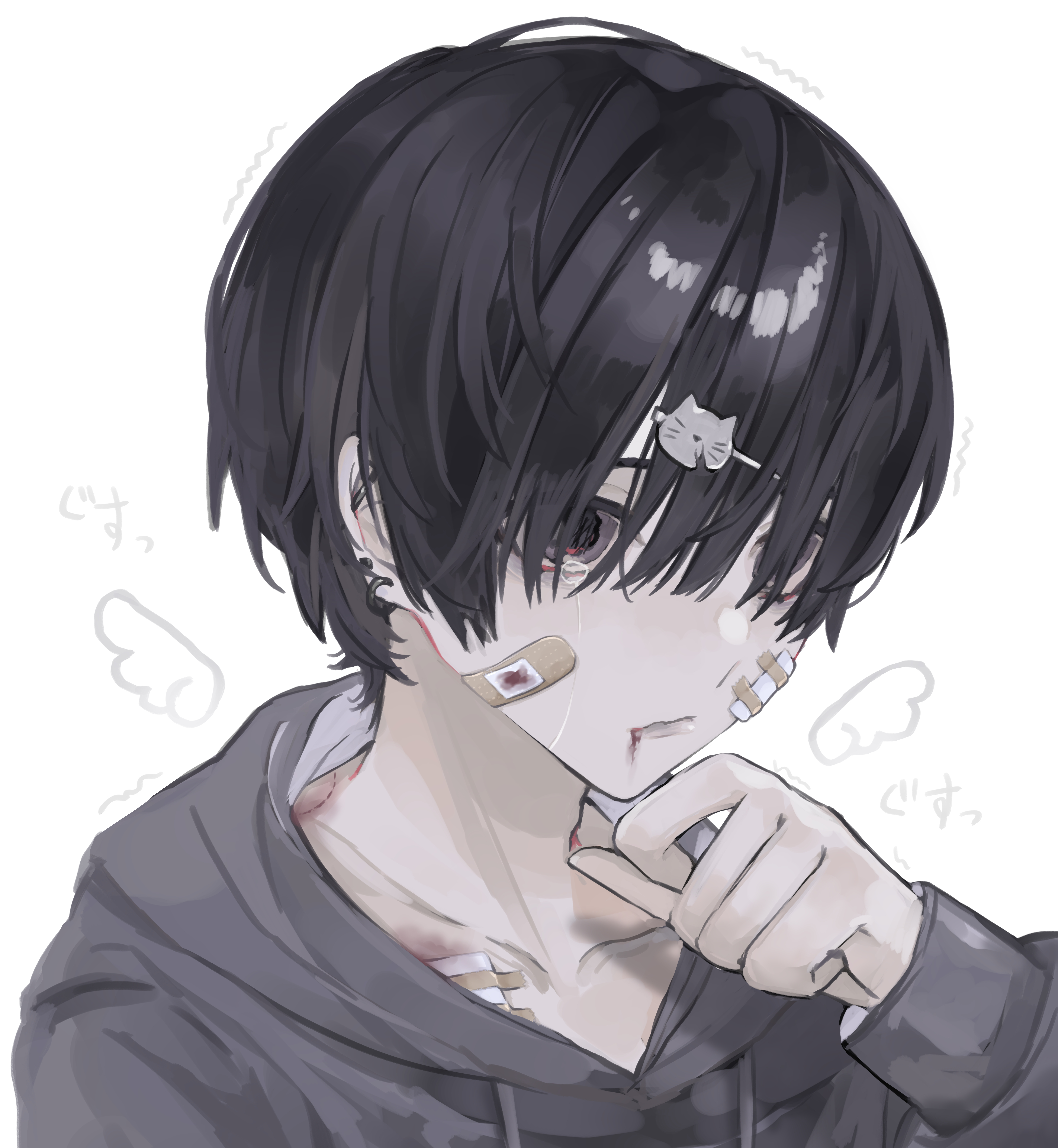 katoumio, original, absurdres, highres, 1boy, adam's apple, bandaid, bandaid on chest, bandaid on face, barbell piercing, bishounen, bite mark, bite mark on shoulder, black eyes, black hair, blank stare, blood, blood from mouth, broken, bruise, bruise on chest, cat hair ornament, collarbone, crying, crying with eyes open, drawn wings, drawstring, ear piercing, earrings, grey hoodie, hair ornament, hair over eyes, hairclip, hand to own mouth, hood, hood down, hoodie, industrial piercing, injury, jewelry, long sleeves, male focus, piercing, portrait, short hair, simple background, solo, sound effects, tears, trembling, wavy eyes, white background, wings