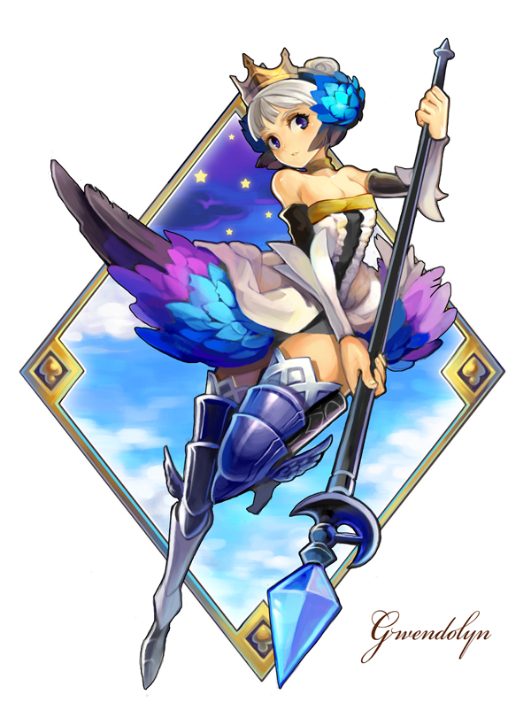 jairou, gwendolyn (odin sphere), odin sphere, 1girl, armor, armored dress, blue eyes, boots, character name, choker, crown, dress, female focus, multicolored wings, polearm, solo, spear, thigh boots, thighhighs, weapon, white hair, wings