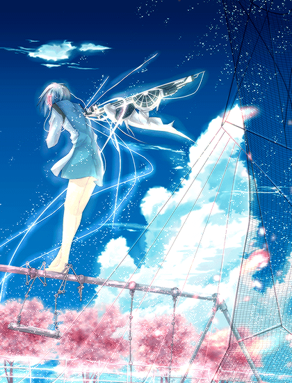 suipuu izuru, original, bad id, bad pixiv id, blue hair, cherry blossoms, cloud, mechanical wings, short hair, sky, solo, swing, tree, wings