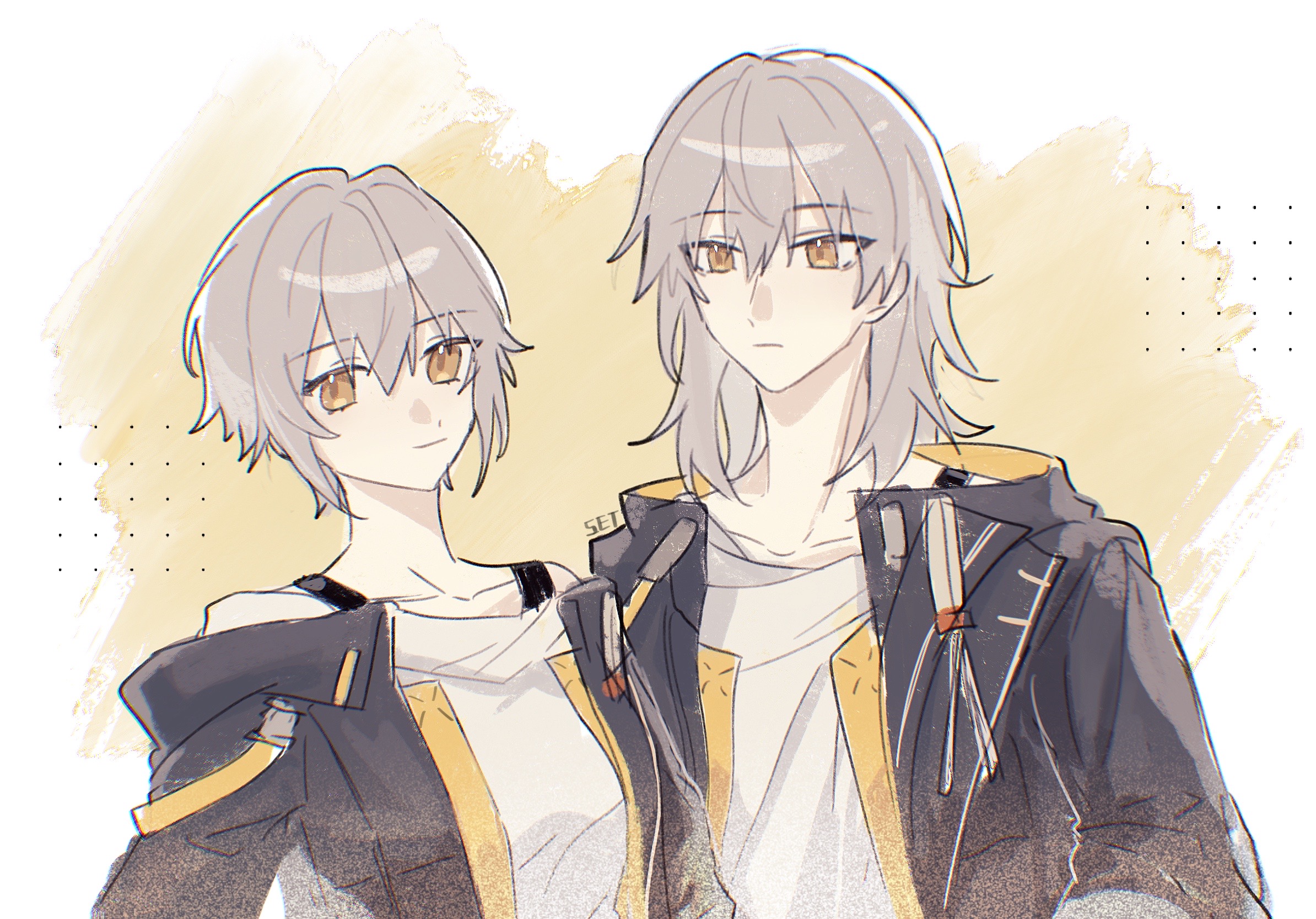 mizilone, caelus (honkai: star rail), stelle (honkai: star rail), trailblazer (honkai: star rail), honkai: star rail, honkai (series), commentary request, highres, 1boy, 1girl, alternate hair length, alternate hairstyle, artist name, black jacket, bra strap, breasts, closed mouth, dual persona, grey hair, hair length switch, jacket, long hair, looking at viewer, medium breasts, shirt, short hair, simple background, two-tone background, upper body, white background, white shirt, yellow background, yellow eyes