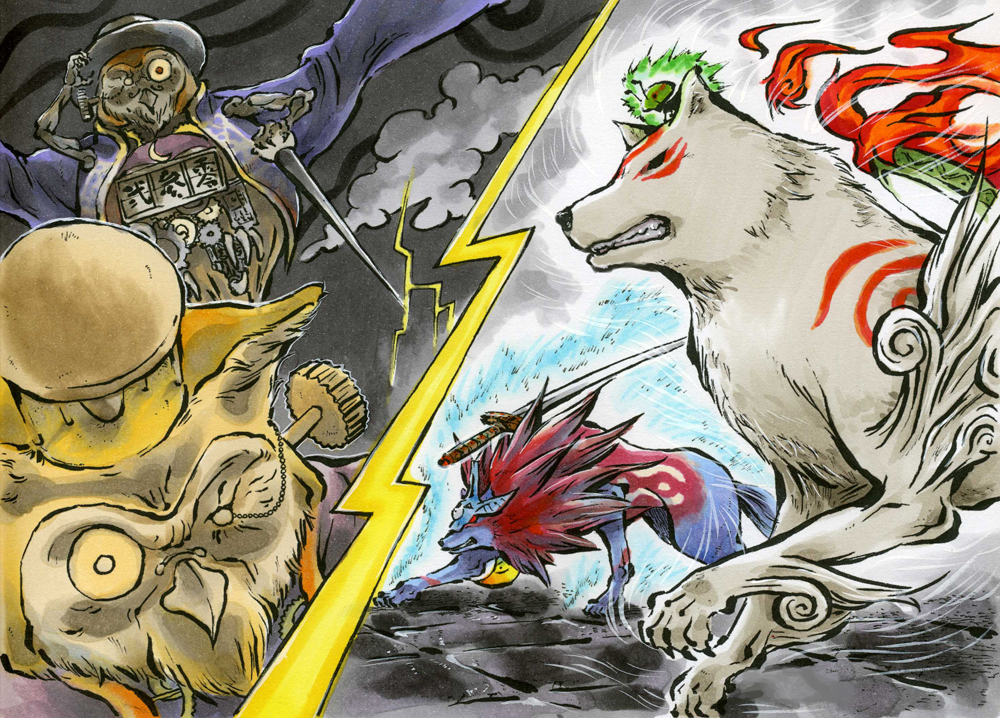 minimaru, oki, yuruya minimaru, amaterasu (ookami), issun, lechku, nechku, okikurumi (ookami), ookami (game), bird, clockwork, no humans, owl, wolf