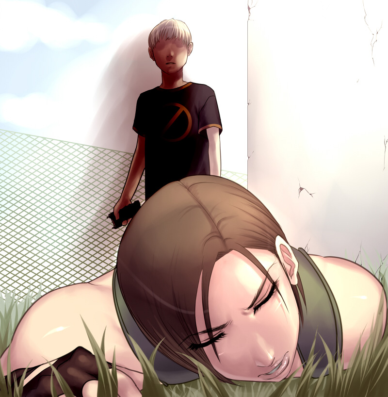 sawao, jill valentine, capcom, resident evil, resident evil 3: nemesis, wall, bad id, bad pixiv id, 1boy, 1girl, brown hair, chain-link fence, closed eyes, cloud, day, fence, fingerless gloves, gate, gloves, grass, imminent rape, lips, sky, stun gun, taser, unconscious, you gonna get raped