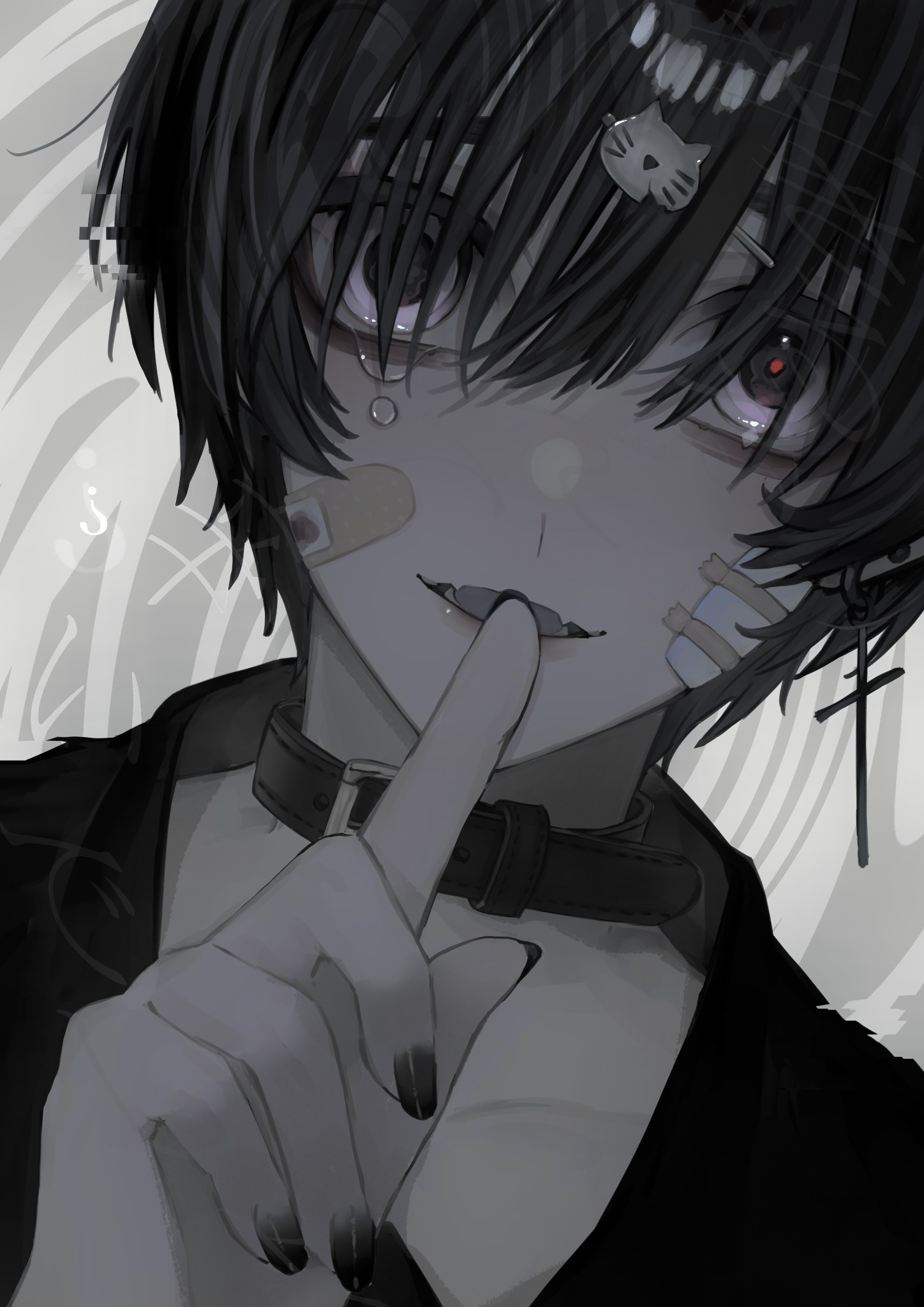 katoumio, original, check translation, commentary, highres, symbol-only commentary, translation request, 1boy, ?, bags under eyes, bandaid, bandaid on face, belt collar, bishounen, black hair, black nails, black shirt, blank stare, broken, cat hair ornament, close-up, collar, collarbone, cross, cross earrings, crying, dutch angle, ear piercing, earrings, fangs, finger to mouth, glitch, grey background, hair between eyes, hair ornament, hair over eyes, hairclip, jewelry, looking at viewer, male focus, mismatched pupils, monochrome, open mouth, piercing, pixelated, portrait, raised inner eyebrows, red pupils, shirt, shushing, skin fangs, smile, solo, spot color, straight-on, tears, teeth, upside-down text
