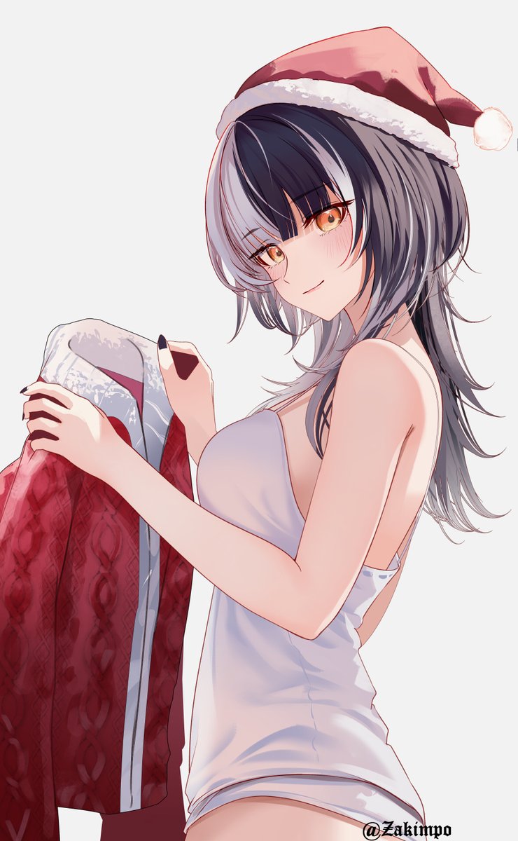 zakimpo, shiori novella, hololive, hololive english, commentary, english commentary, highres, 1girl, black hair, black nails, blunt bangs, breasts, camisole, closed mouth, from side, fur-trimmed headwear, fur trim, grey background, grey hair, hat, holding unworn jacket, long hair, looking at viewer, medium breasts, multicolored hair, nail polish, no pants, panties, pom pom (clothes), red hat, santa hat, simple background, smile, solo, split-color hair, underwear, virtual youtuber, white camisole, white panties, yellow eyes